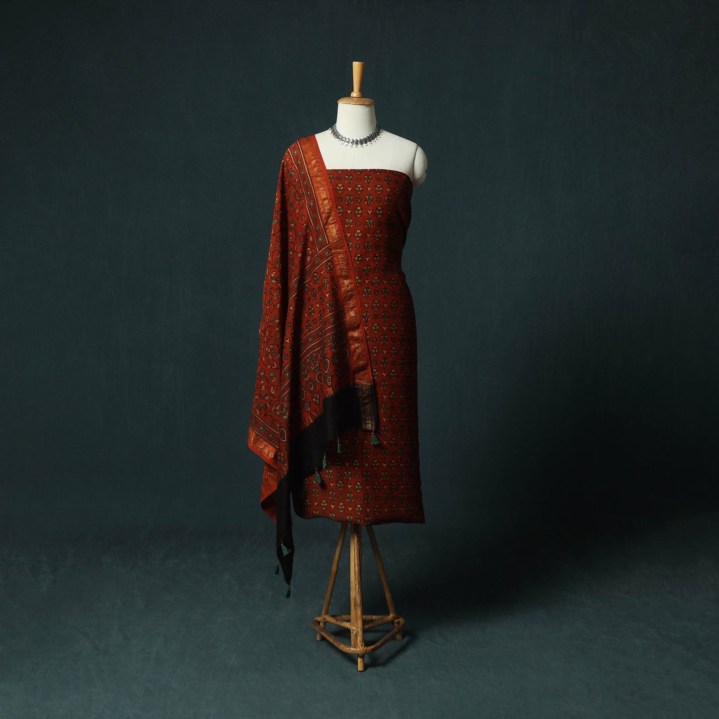 Red - Ajrakh Hand Block Print Natural Dyed Maheshwari Silk 2pc Unstitched Dress Material Kurta Set 42
