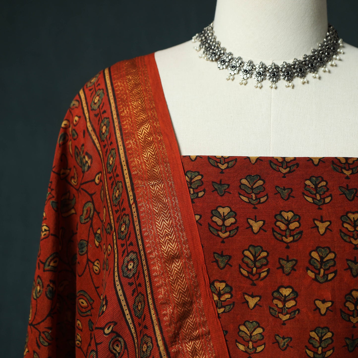 Red - Ajrakh Hand Block Print Natural Dyed Maheshwari Silk 2pc Unstitched Dress Material Kurta Set 42
