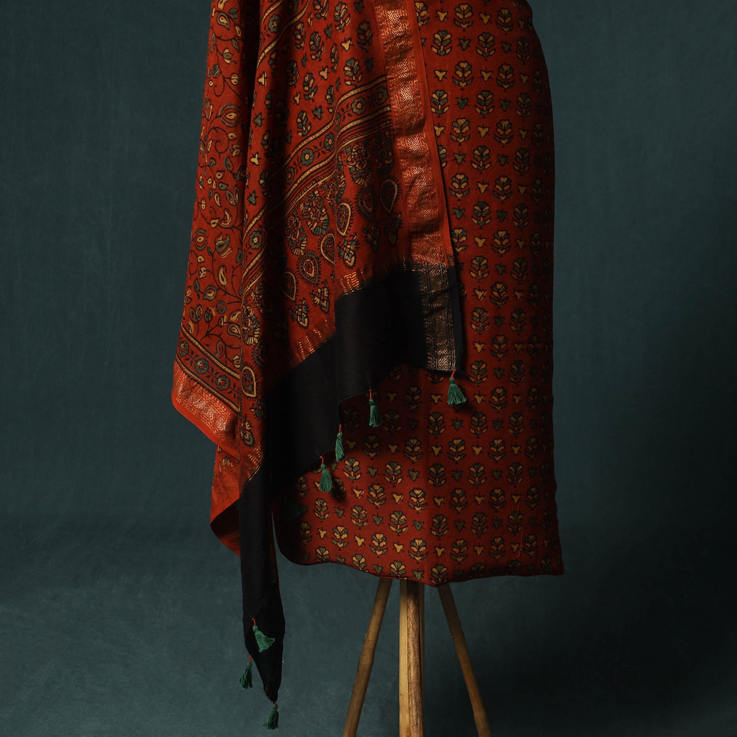 Red - Ajrakh Hand Block Print Natural Dyed Maheshwari Silk 2pc Unstitched Dress Material Kurta Set 42