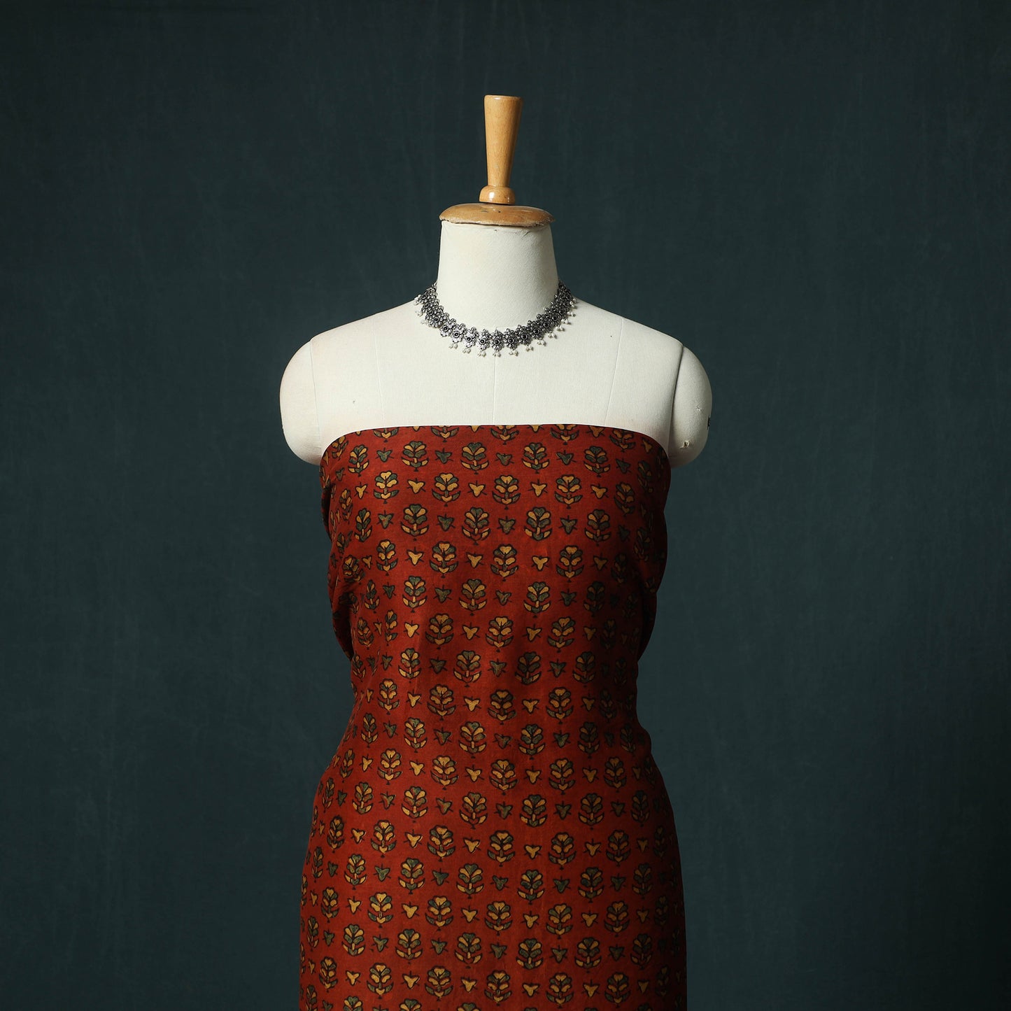 Red - Ajrakh Hand Block Print Natural Dyed Maheshwari Silk 2pc Unstitched Dress Material Kurta Set 42