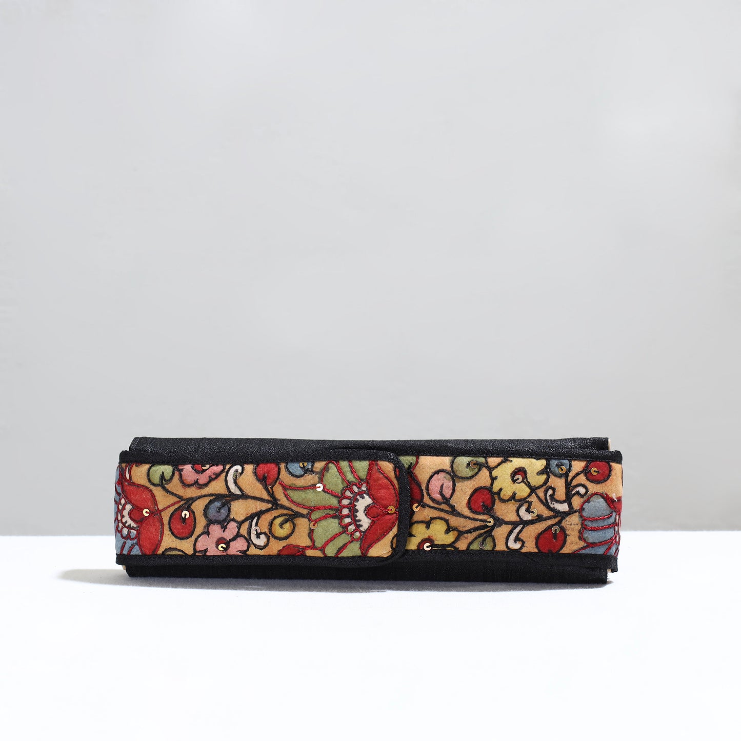 Black Handpainted Kalamkari Natural Dyed Ghicha Silk Earrings Pouch 15