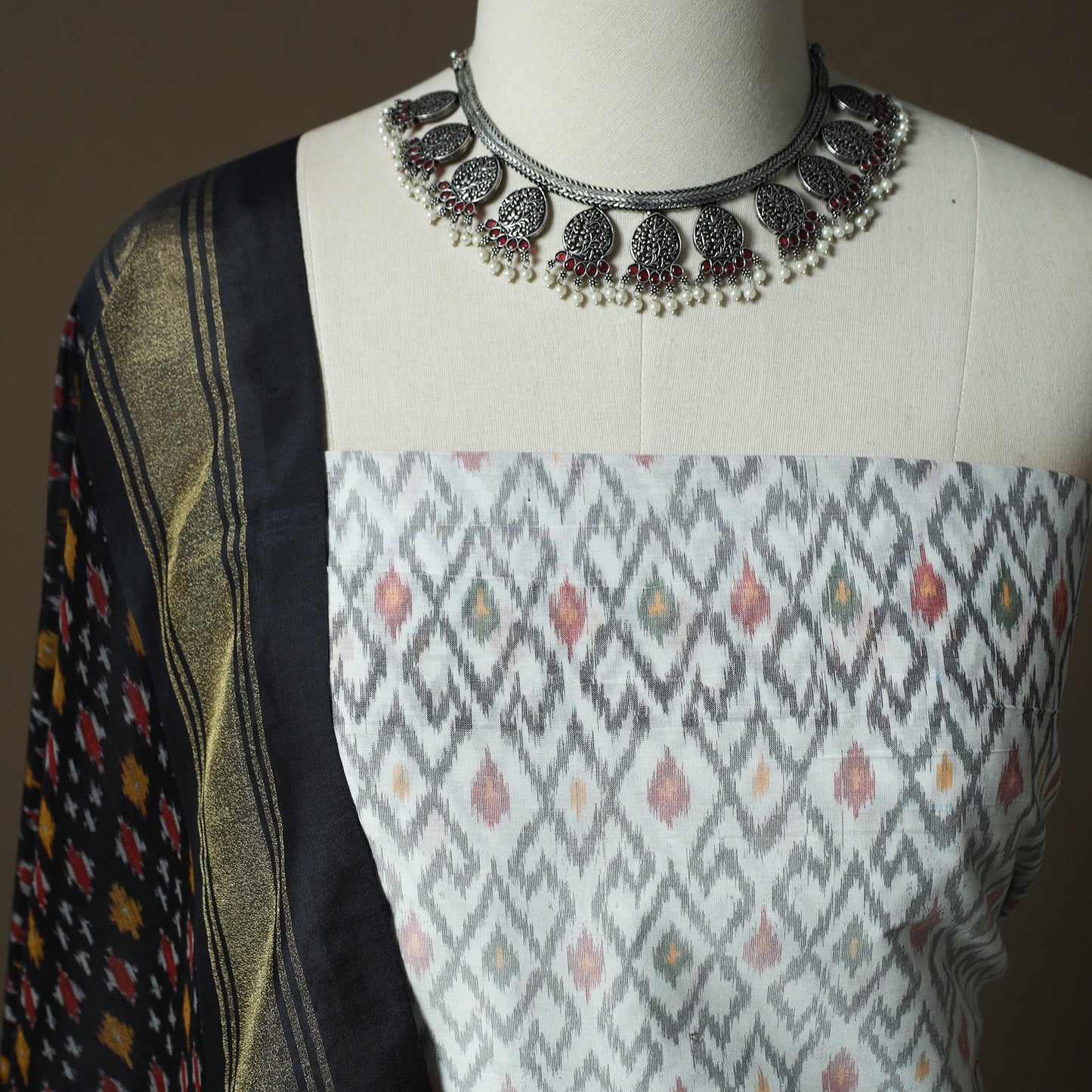 Handloom Sico Pochampally Ikat 2pc Unstitched Dress Material Kurta Set 01