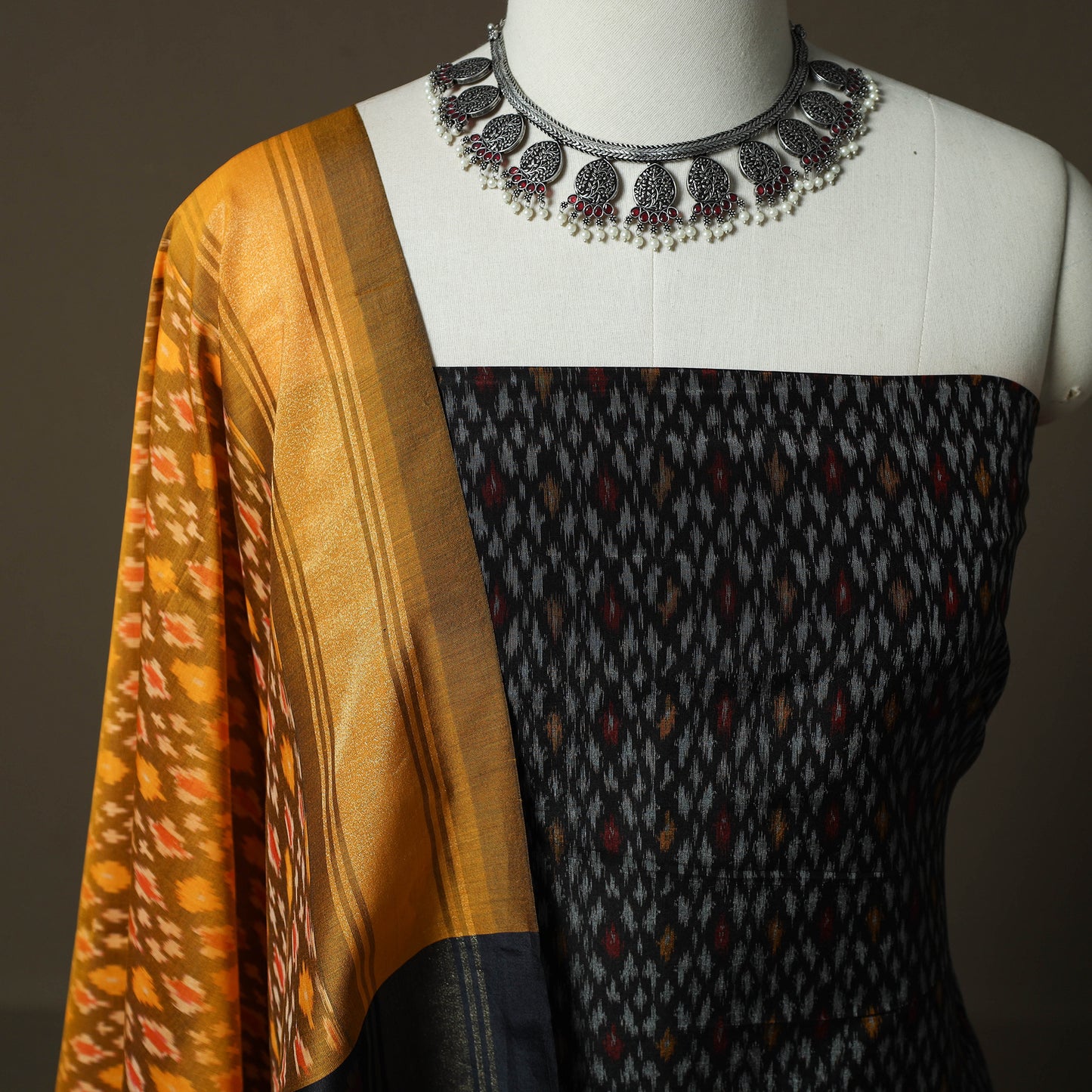 Handloom Sico Pochampally Ikat 2pc Unstitched Dress Material Kurta Set 03