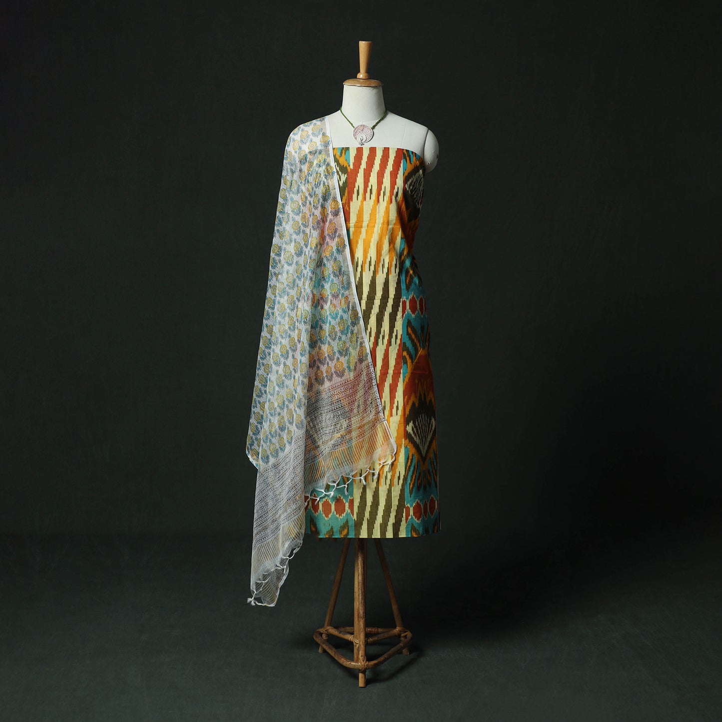 Pochampally Central Asian Ikat Woven 2pc Cotton Unstitched Dress Material Kurta Set with Jewellery 01