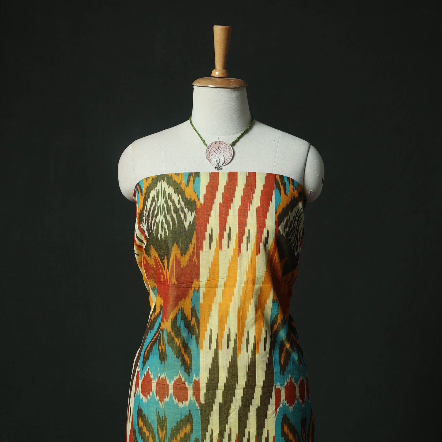 Pochampally Central Asian Ikat Woven 2pc Cotton Unstitched Dress Material Kurta Set with Jewellery 01