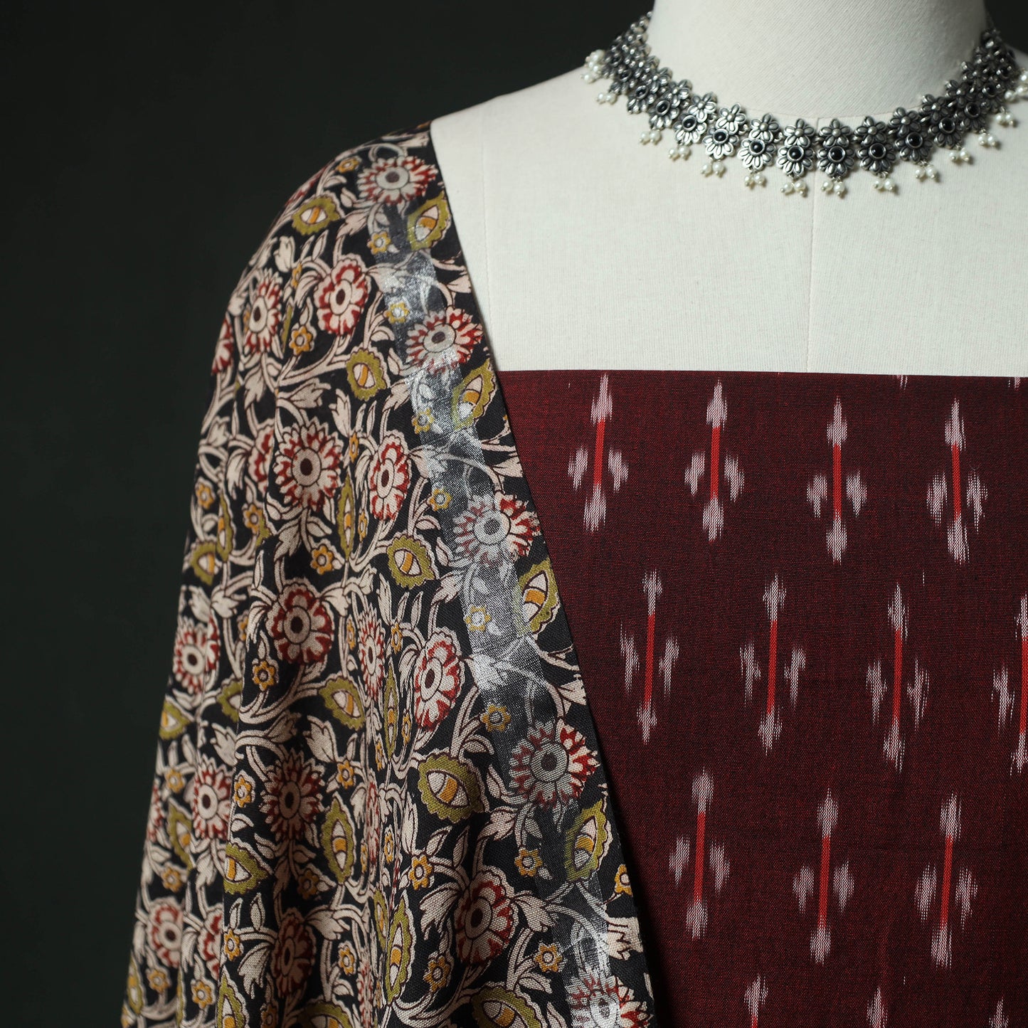 Pochampally Ikat Woven 2pc Mercerised Cotton Unstitched Dress Material Kurta Set with Earrings 02