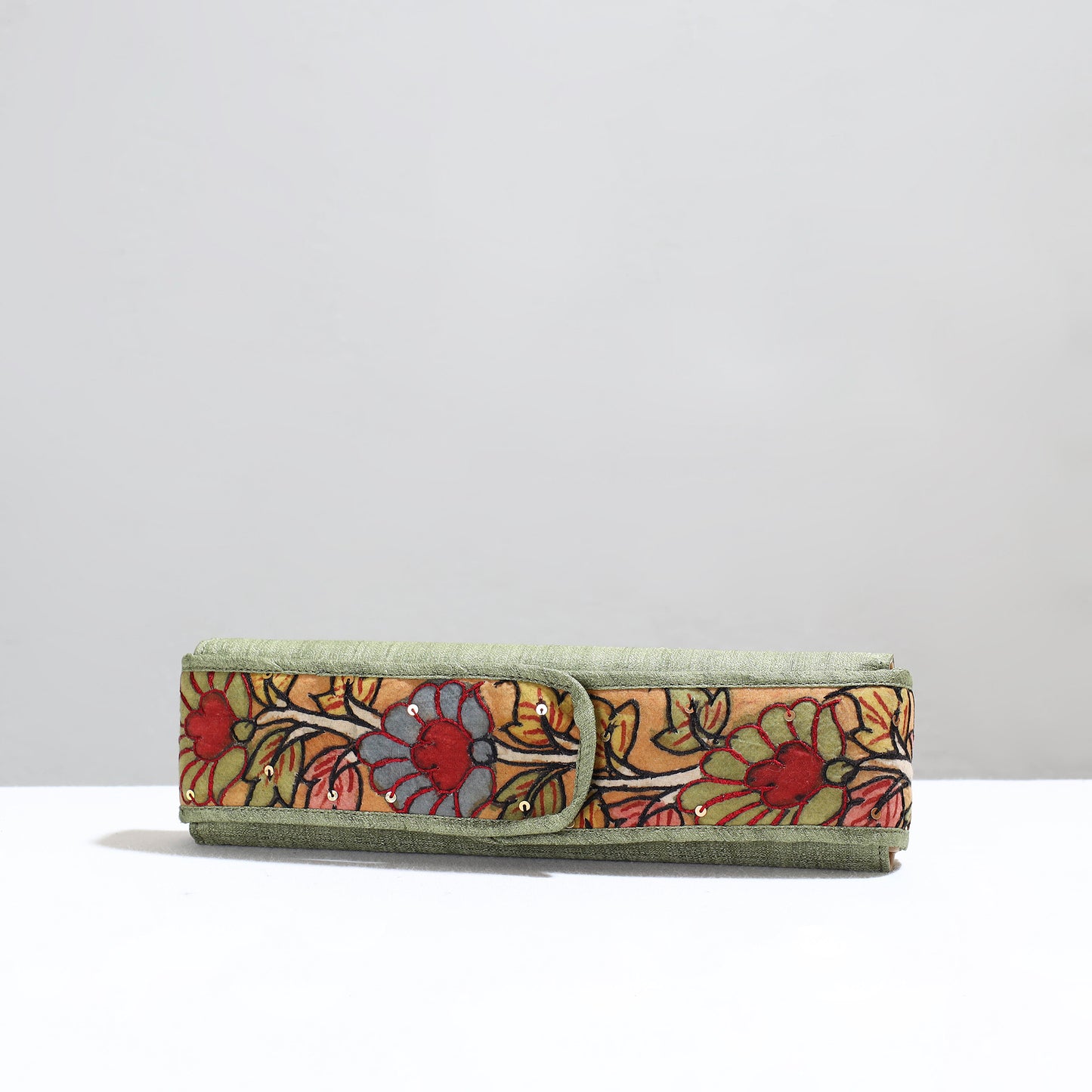 Green Handpainted Kalamkari Natural Dyed Ghicha Silk Earrings Pouch 24