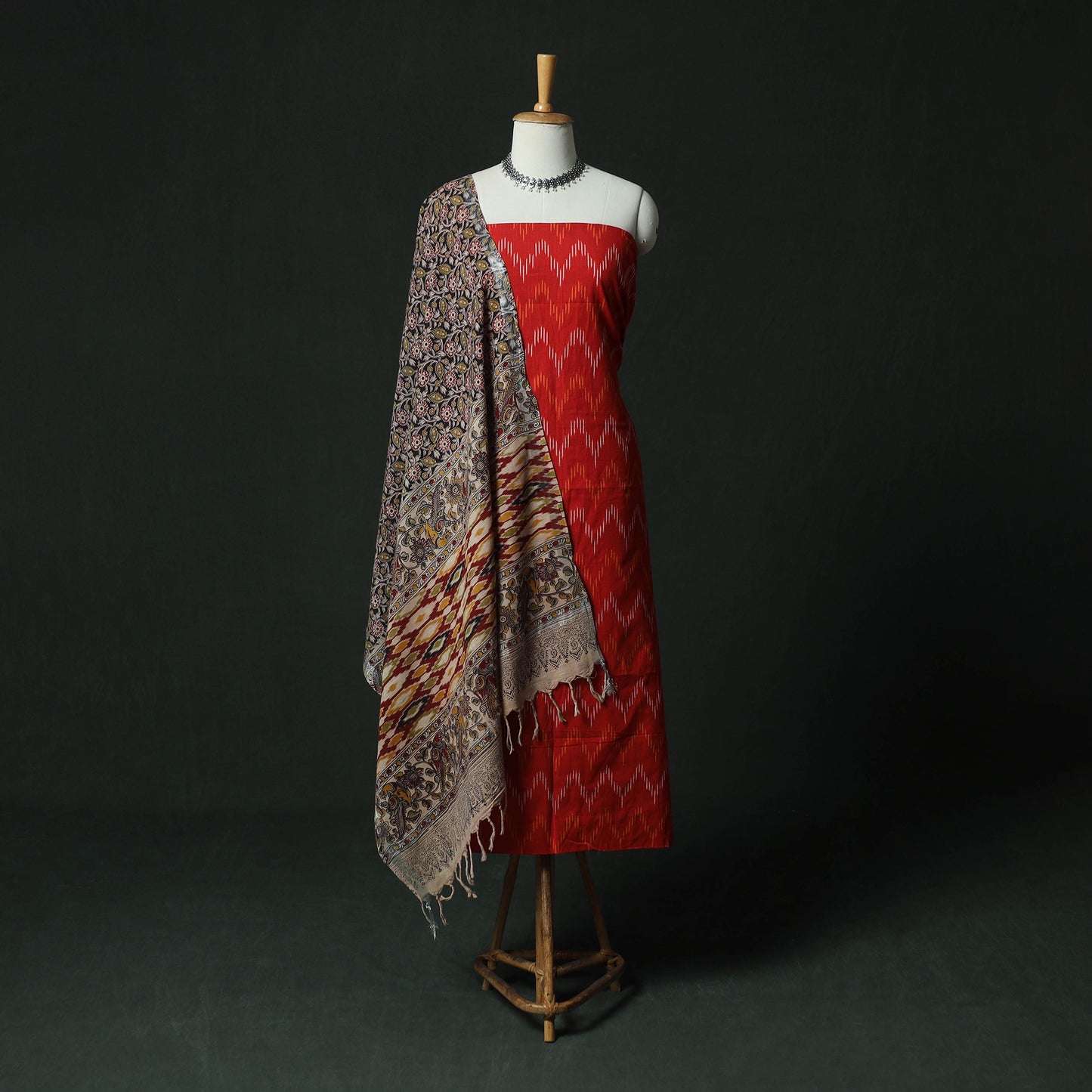 Pochampally Ikat Woven 2pc Cotton Unstitched Dress Material Kurta Set with Earrings 03