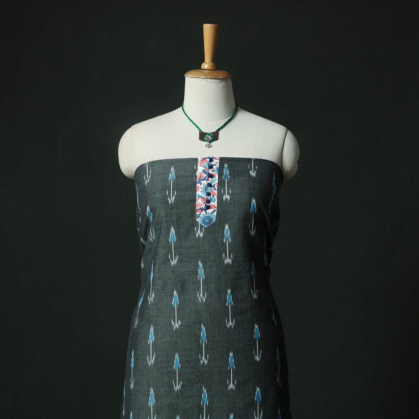 Pochampally Ikat Woven 2pc Cotton Unstitched Dress Material Kurta Set with Jewellery 06
