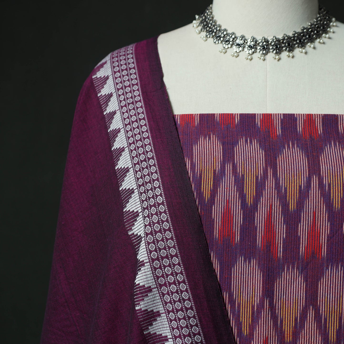 Pochampally Ikat Woven 2pc Cotton Unstitched Dress Material Kurta Set with Earrings 09