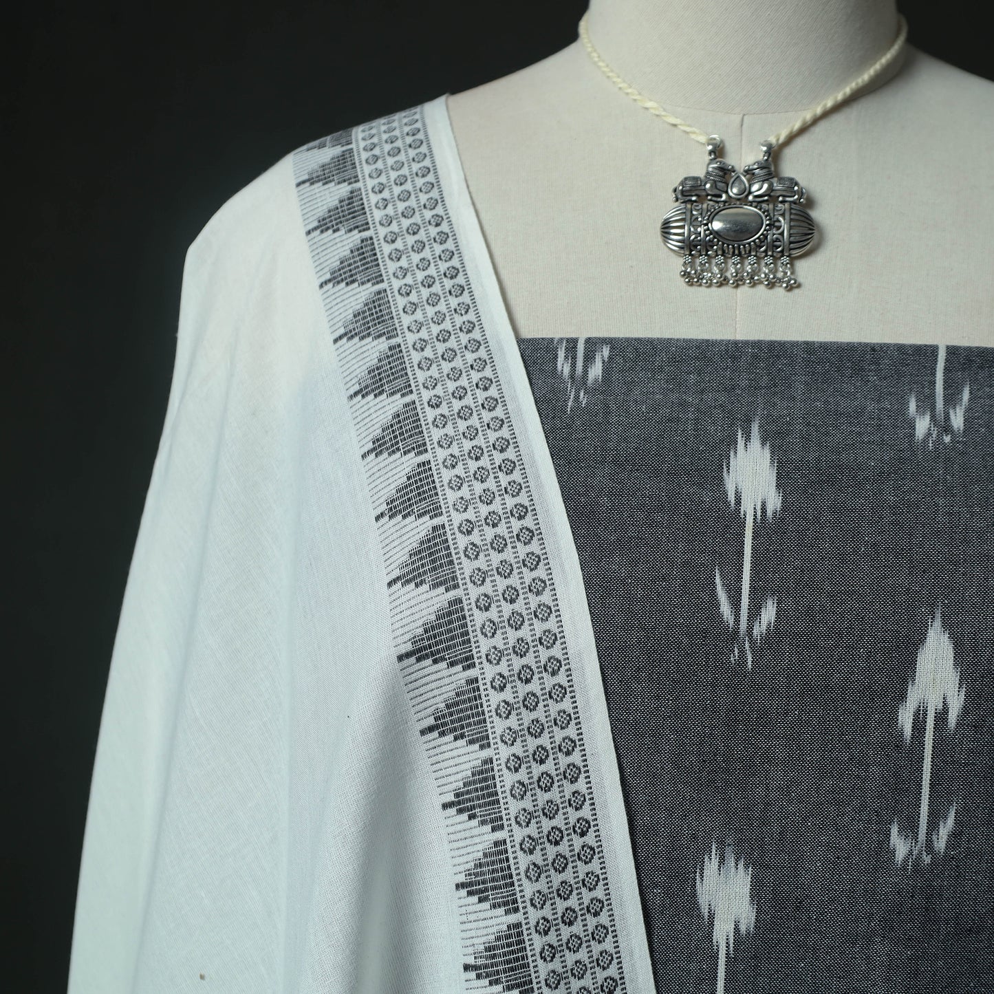 Pochampally Ikat Woven 2pc Cotton Unstitched Dress Material Kurta Set with Jewellery 12