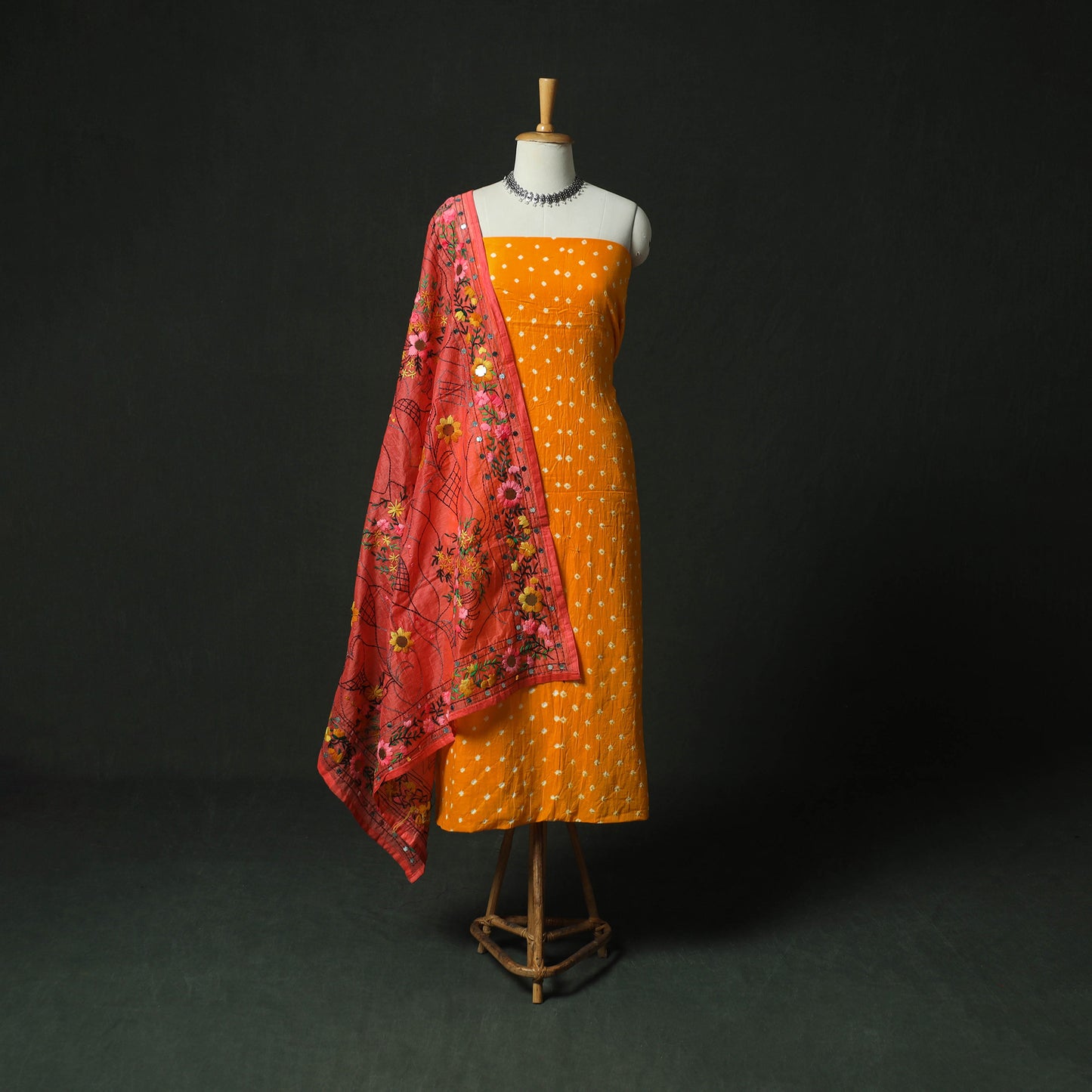 Yellow - Kutch Bandhani Tie-Dye Cotton 2pc Unstitched Dress Material Kurta Set with Earrings 01