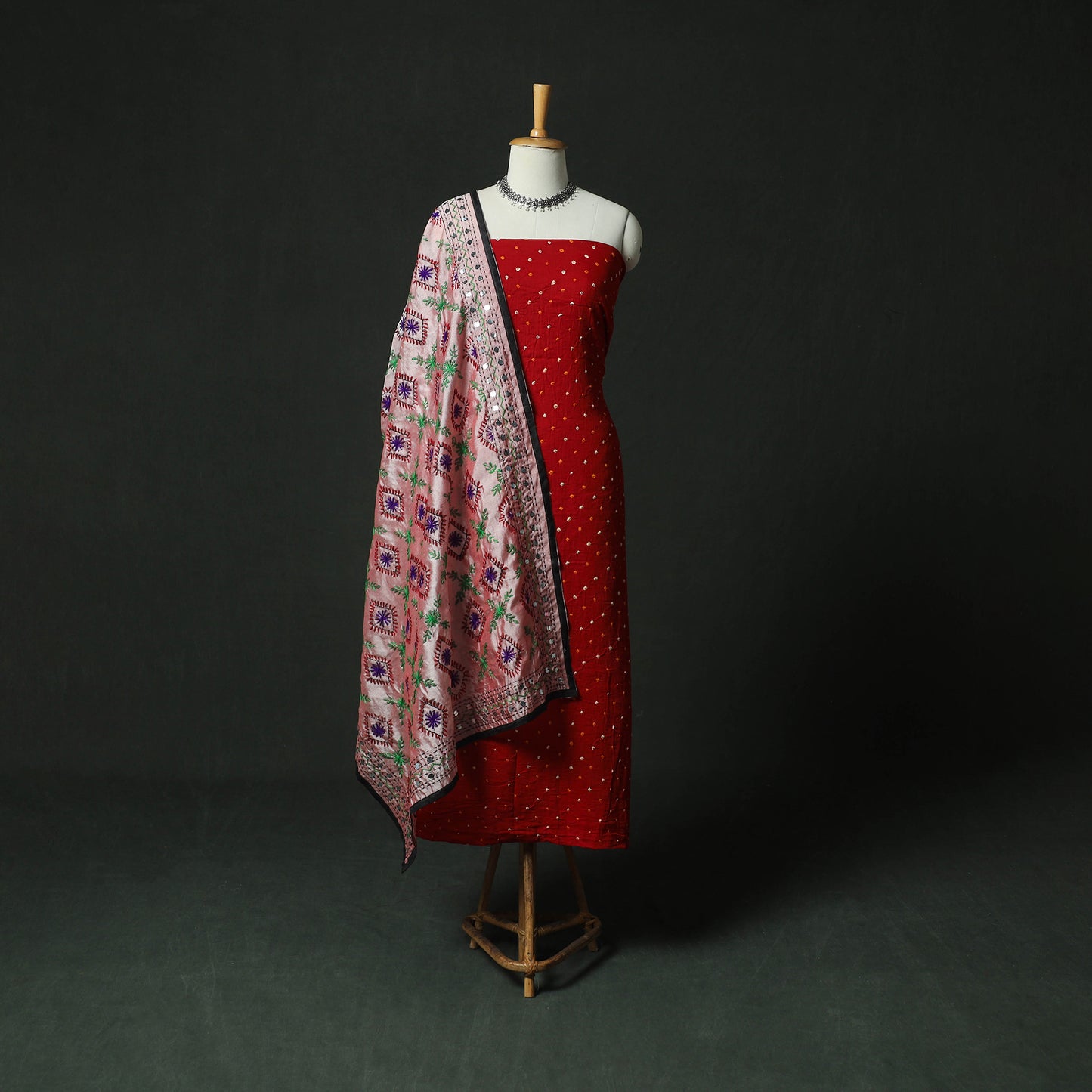 Red - Kutch Bandhani Tie-Dye Cotton 2pc Unstitched Dress Material Kurta Set with Earrings 02