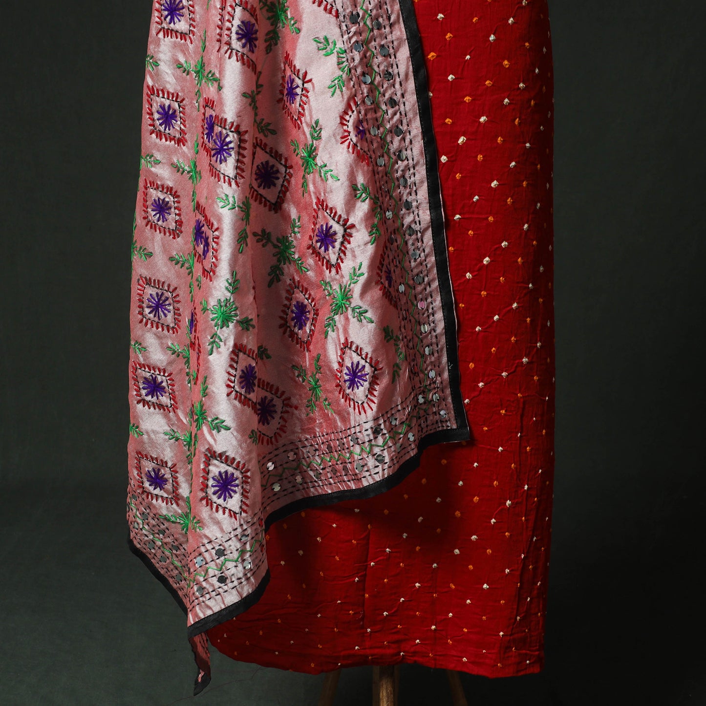 Red - Kutch Bandhani Tie-Dye Cotton 2pc Unstitched Dress Material Kurta Set with Earrings 02