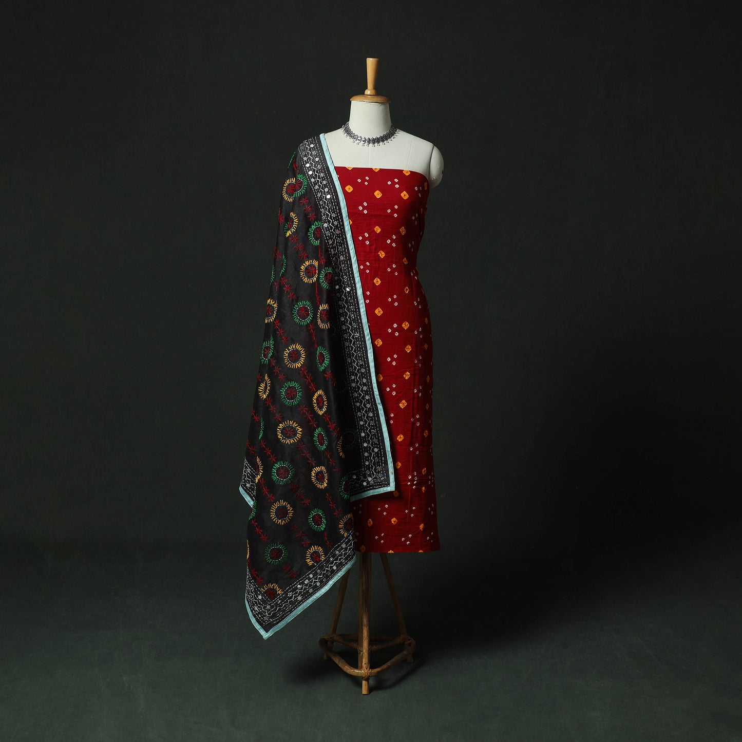 Red - Kutch Bandhani Tie-Dye Cotton 2pc Unstitched Dress Material Kurta Set with Earrings 04
