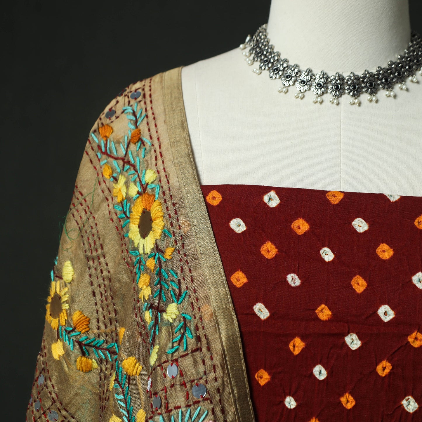 Maroon - Kutch Bandhani Tie-Dye Cotton 2pc Unstitched Dress Material Kurta Set with Earrings 05