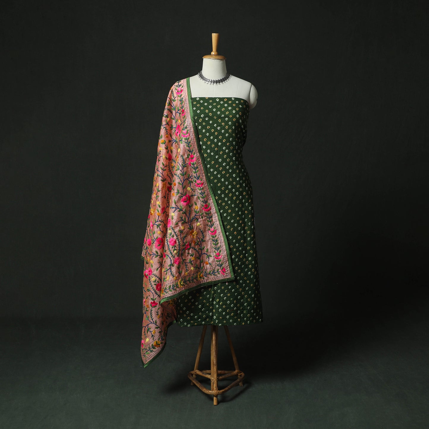 Green - Kutch Bandhani Tie-Dye Cotton 2pc Unstitched Dress Material Kurta Set with Earrings 06