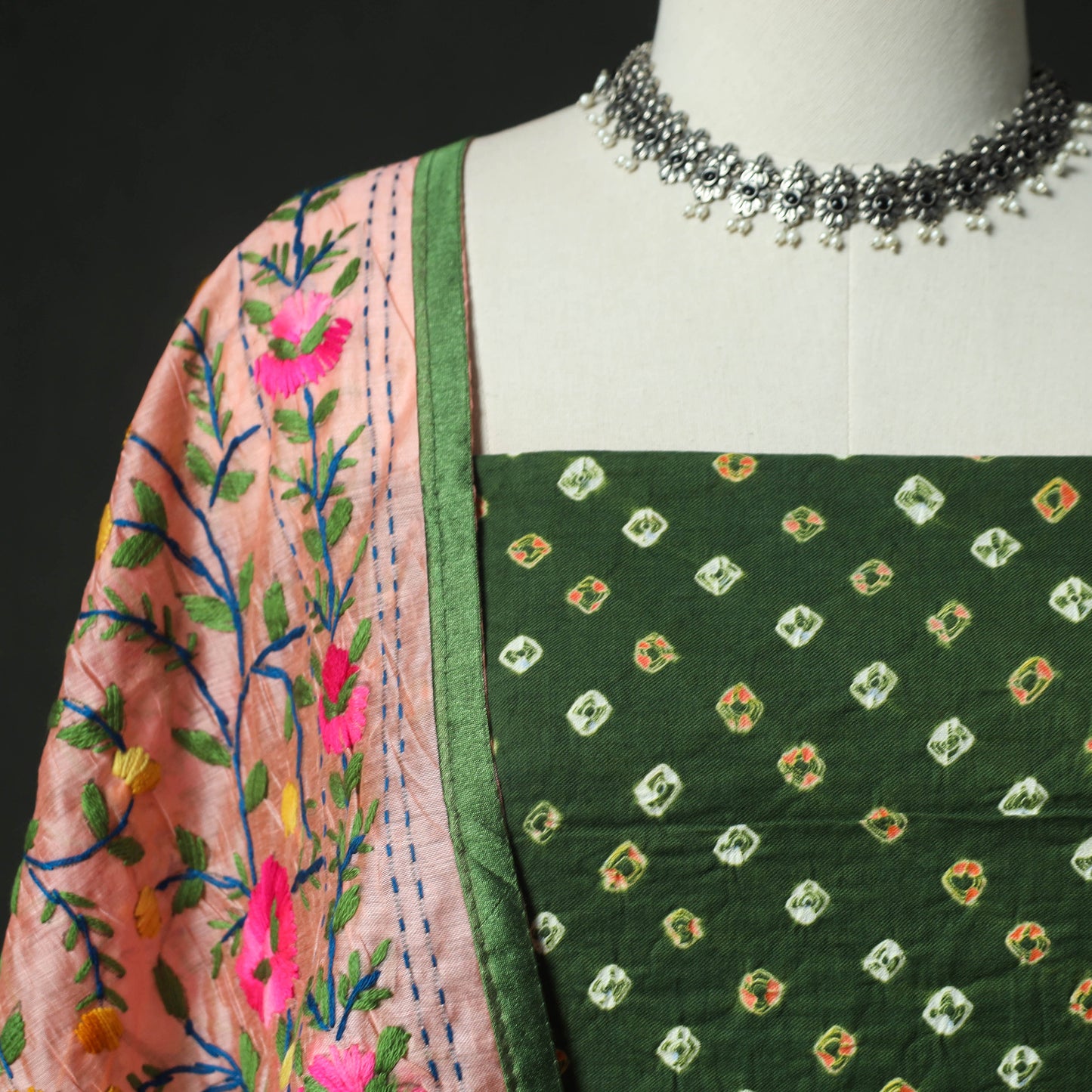 Green - Kutch Bandhani Tie-Dye Cotton 2pc Unstitched Dress Material Kurta Set with Earrings 06