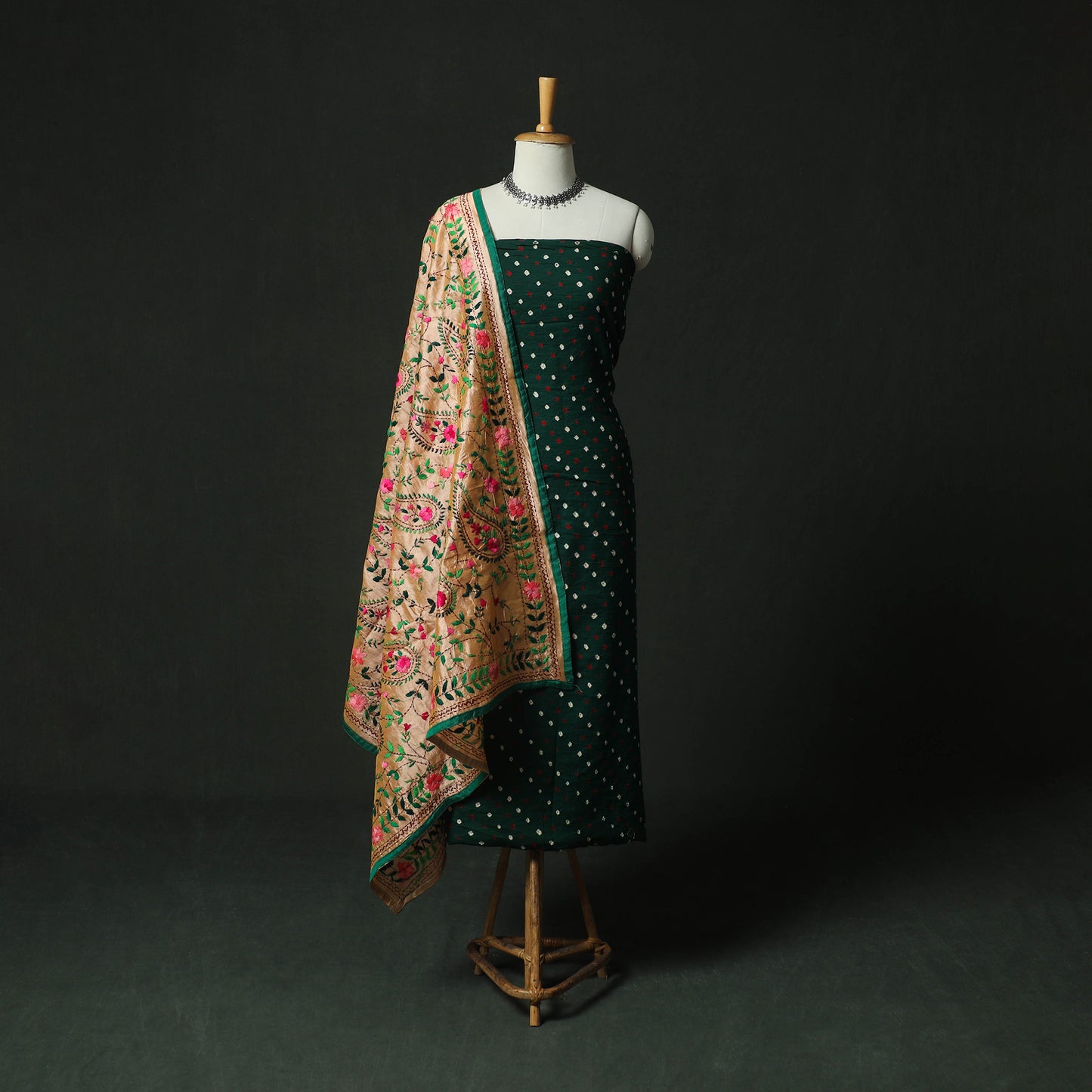 Green - Kutch Bandhani Tie-Dye Cotton 2pc Unstitched Dress Material Kurta Set with Earrings 07