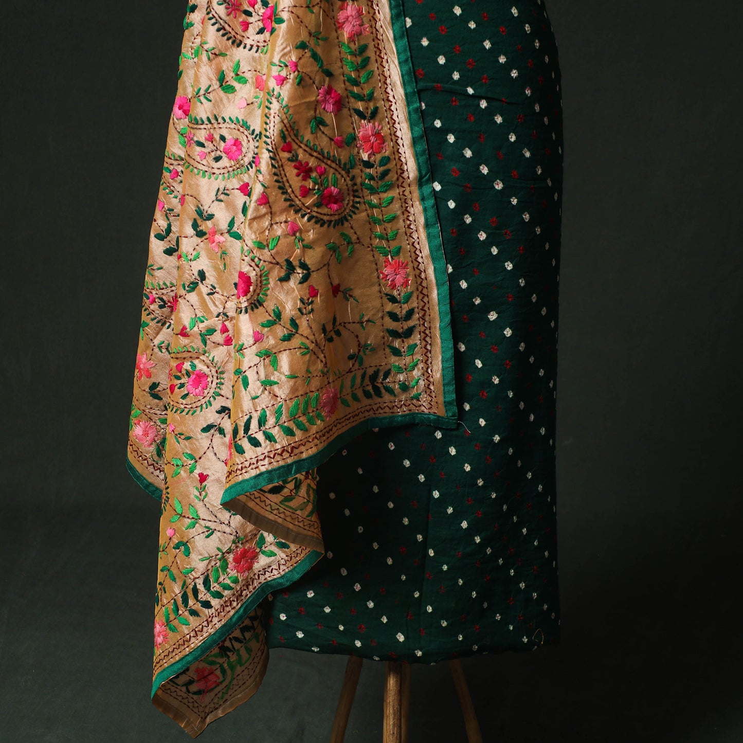 Green - Kutch Bandhani Tie-Dye Cotton 2pc Unstitched Dress Material Kurta Set with Earrings 07