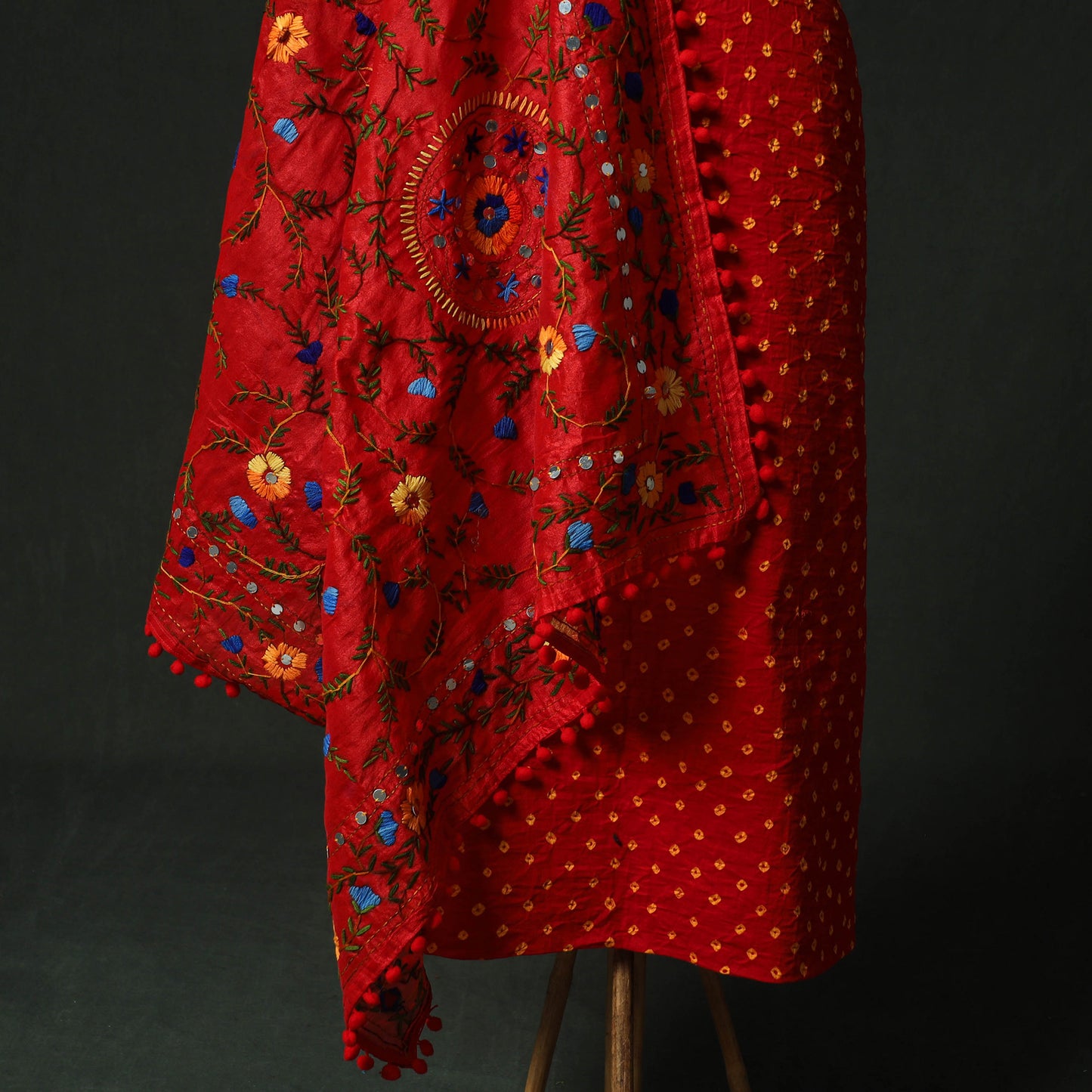 Red - Kutch Bandhani Tie-Dye Cotton 2pc Unstitched Dress Material Kurta Set with Earrings 10