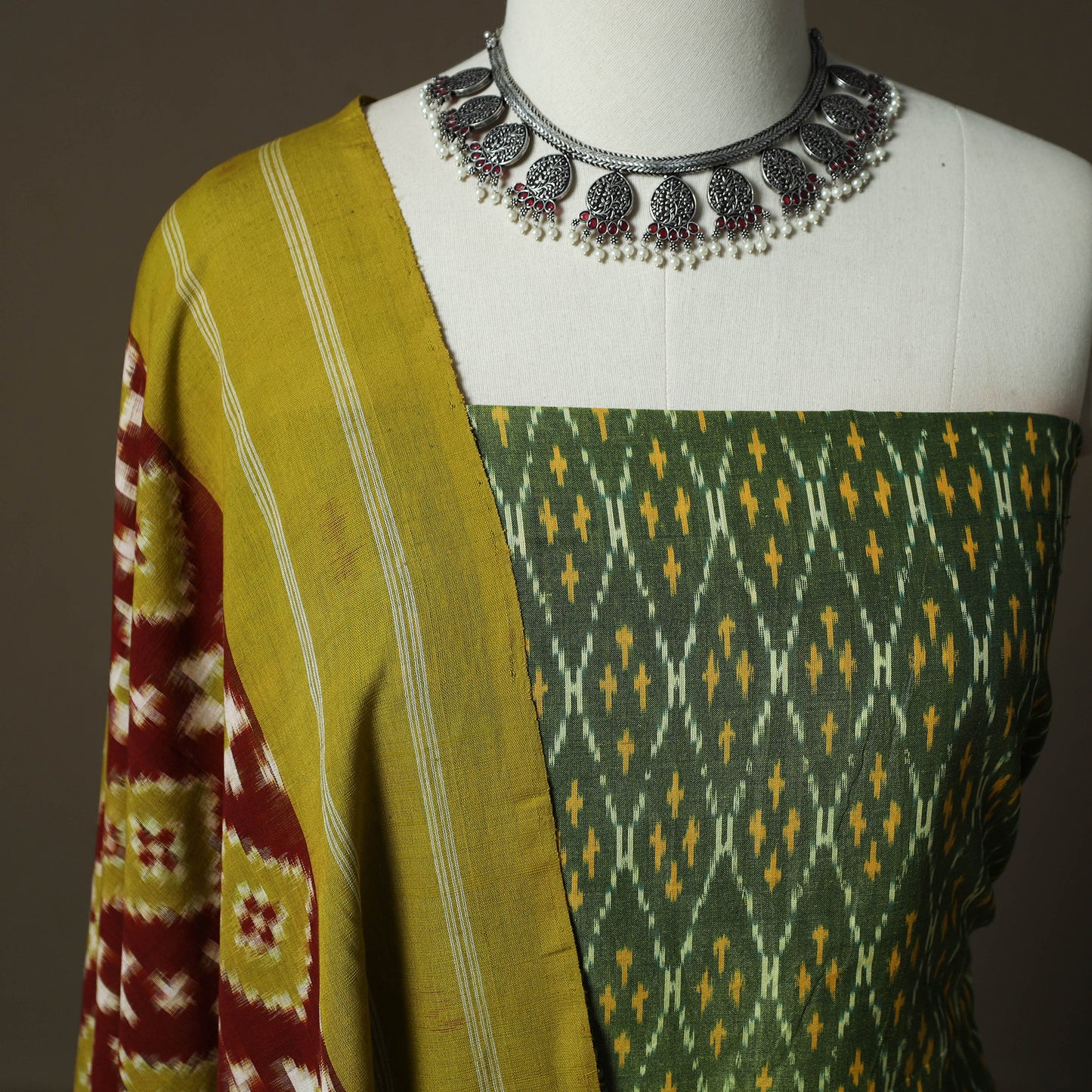Handloom Mercerised Cotton Pochampally Ikat 2pc Unstitched Dress Material Kurta Set 32