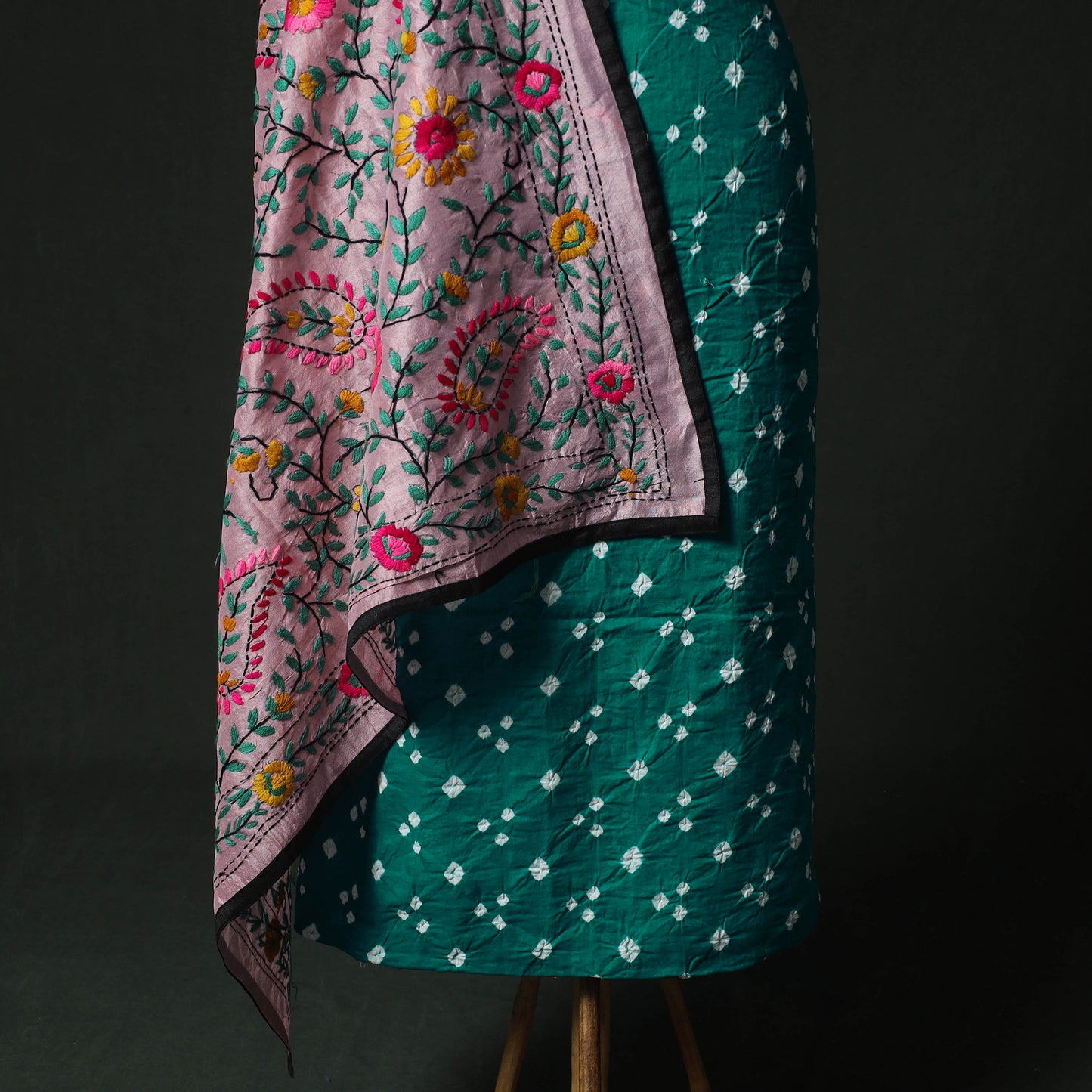 Green - Kutch Bandhani Tie-Dye Cotton 2pc Unstitched Dress Material Kurta Set with Earrings 12