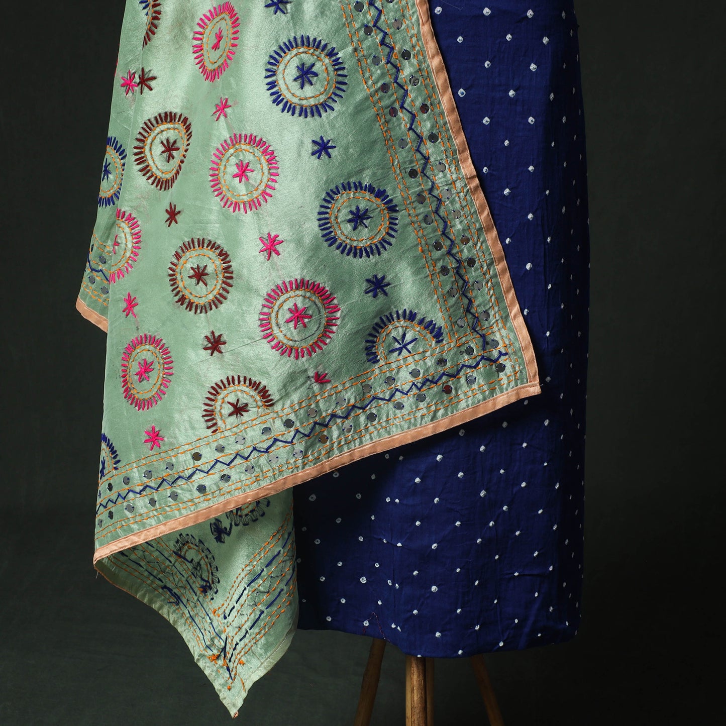 Blue - Kutch Bandhani Tie-Dye Cotton 2pc Unstitched Dress Material Kurta Set with Earrings 14