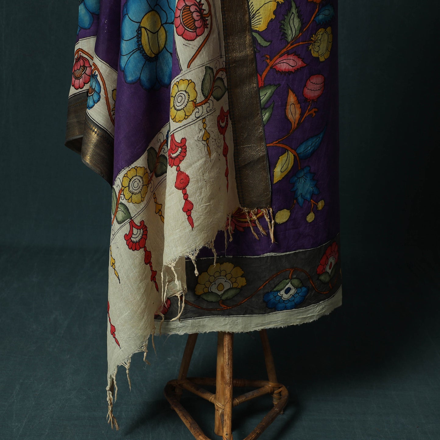 Handpainted Srikalahasti Pen Work Kalamkari Bangalore Silk 2pc Unstitched Dress Material Kurta Set 01