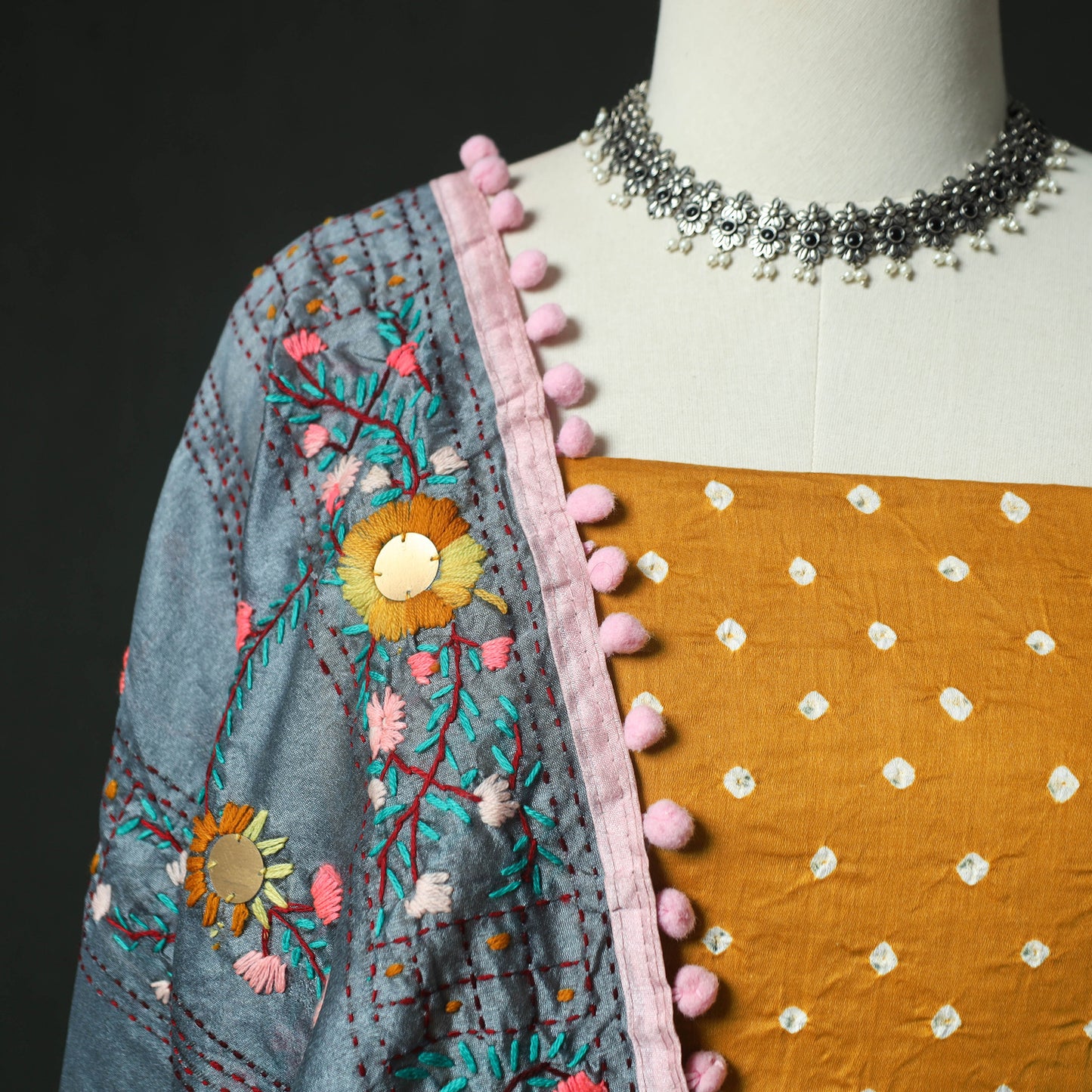Yellow - Kutch Bandhani Tie-Dye Cotton 2pc Unstitched Dress Material Kurta Set with Earrings 15