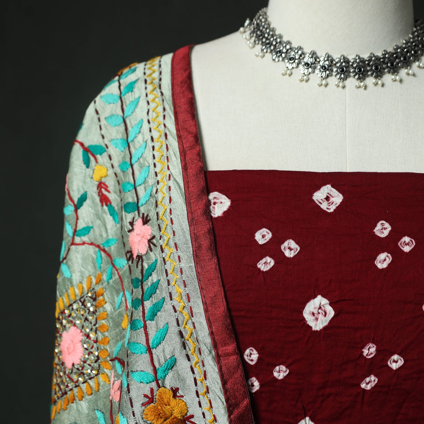 Maroon - Kutch Bandhani Tie-Dye Cotton 2pc Unstitched Dress Material Kurta Set with Earrings 16