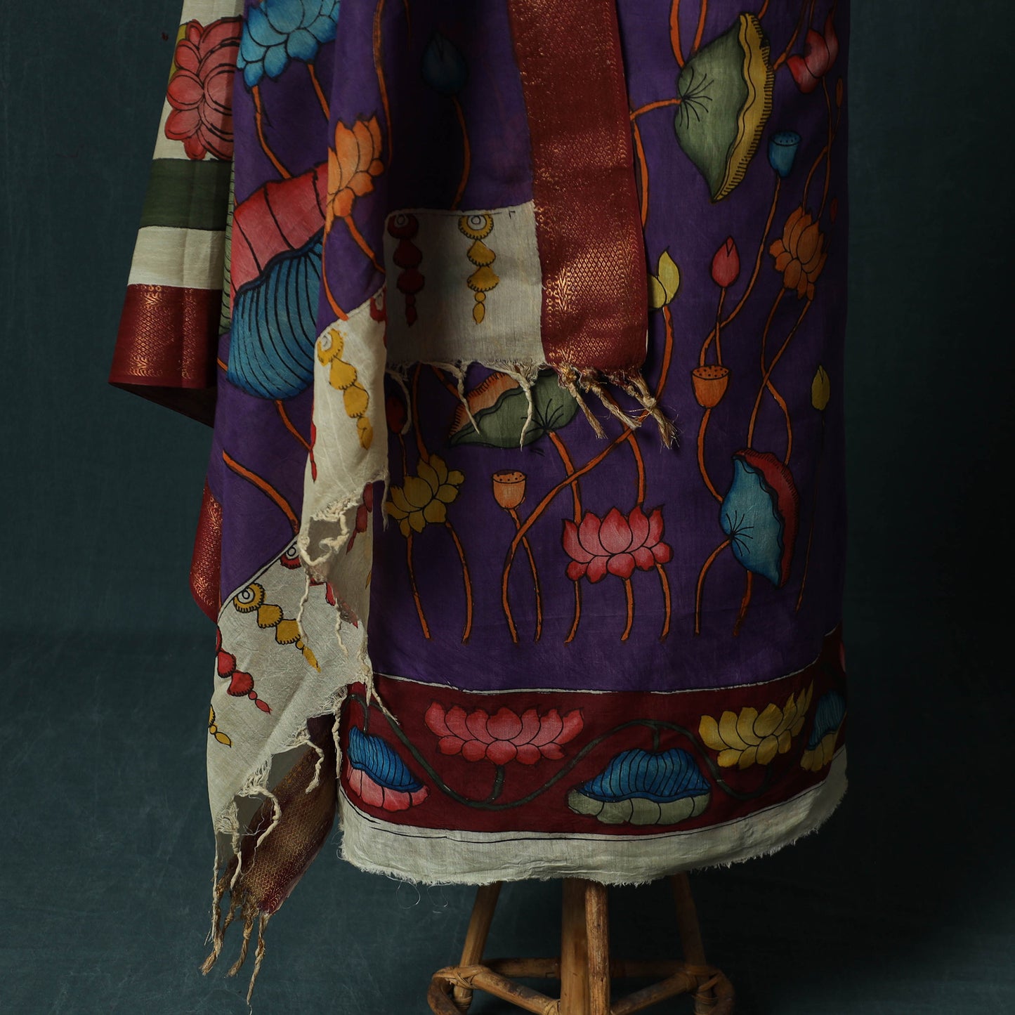 Handpainted Srikalahasti Pen Work Kalamkari Bangalore Silk 2pc Unstitched Dress Material Kurta Set 02