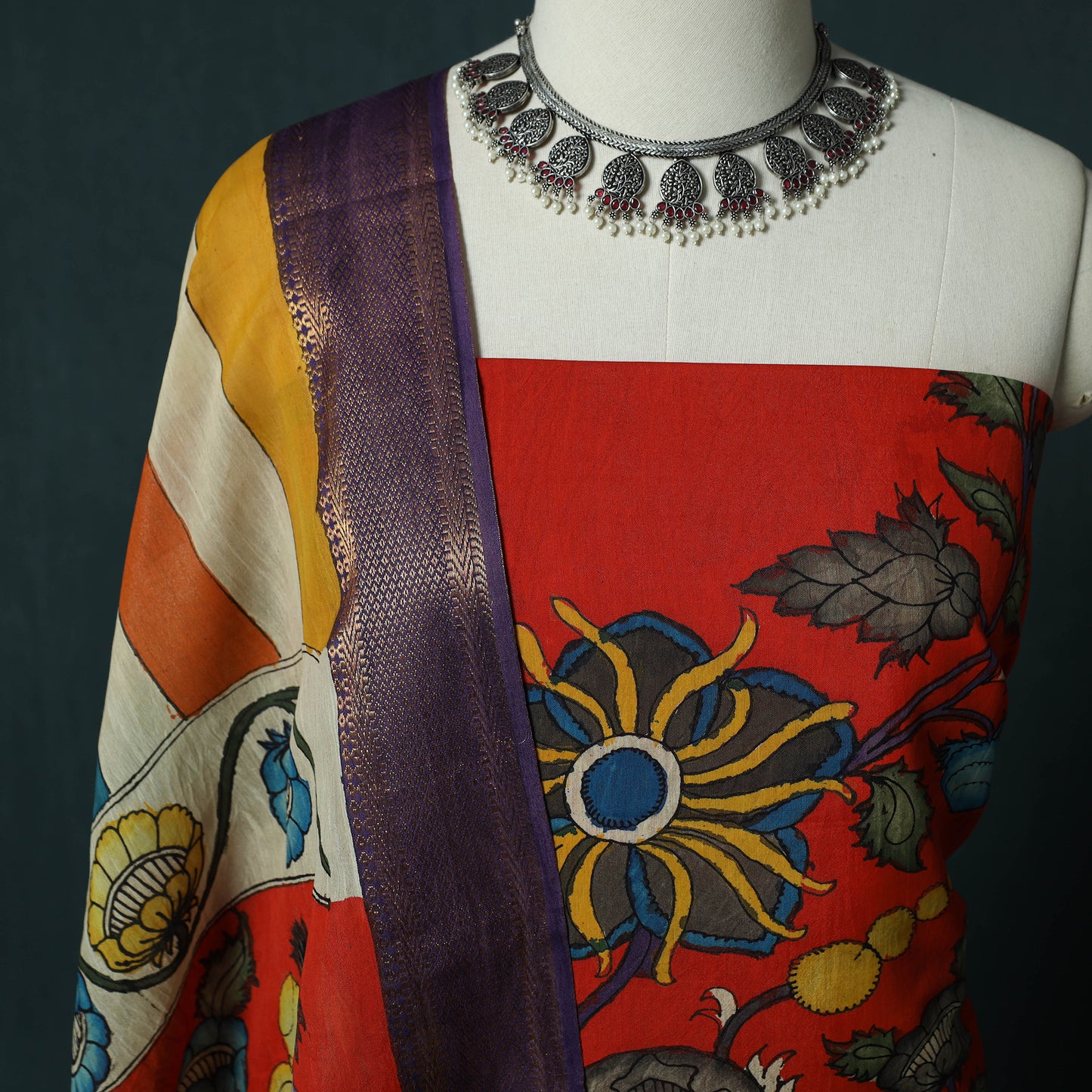 Handpainted Srikalahasti Pen Work Kalamkari Bangalore Silk 2pc Unstitched Dress Material Kurta Set 03