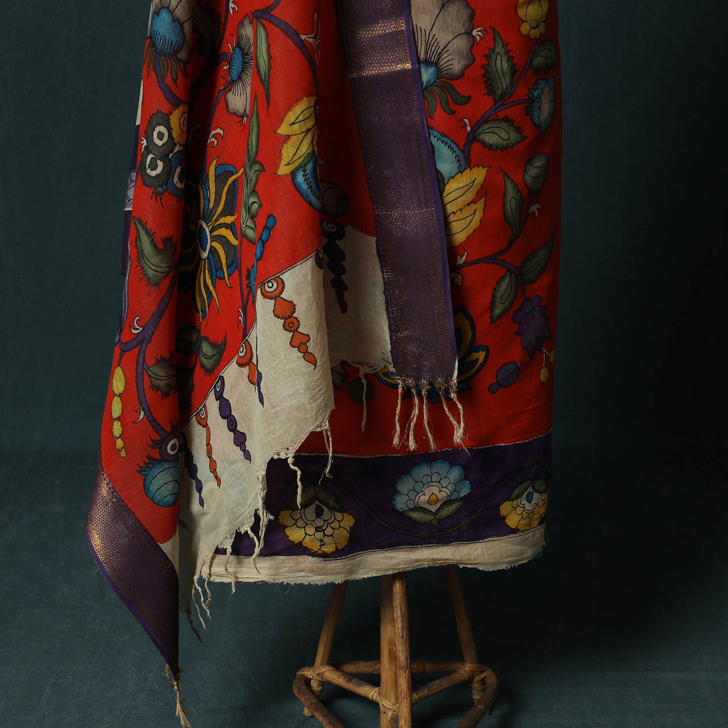 Handpainted Srikalahasti Pen Work Kalamkari Bangalore Silk 2pc Unstitched Dress Material Kurta Set 03