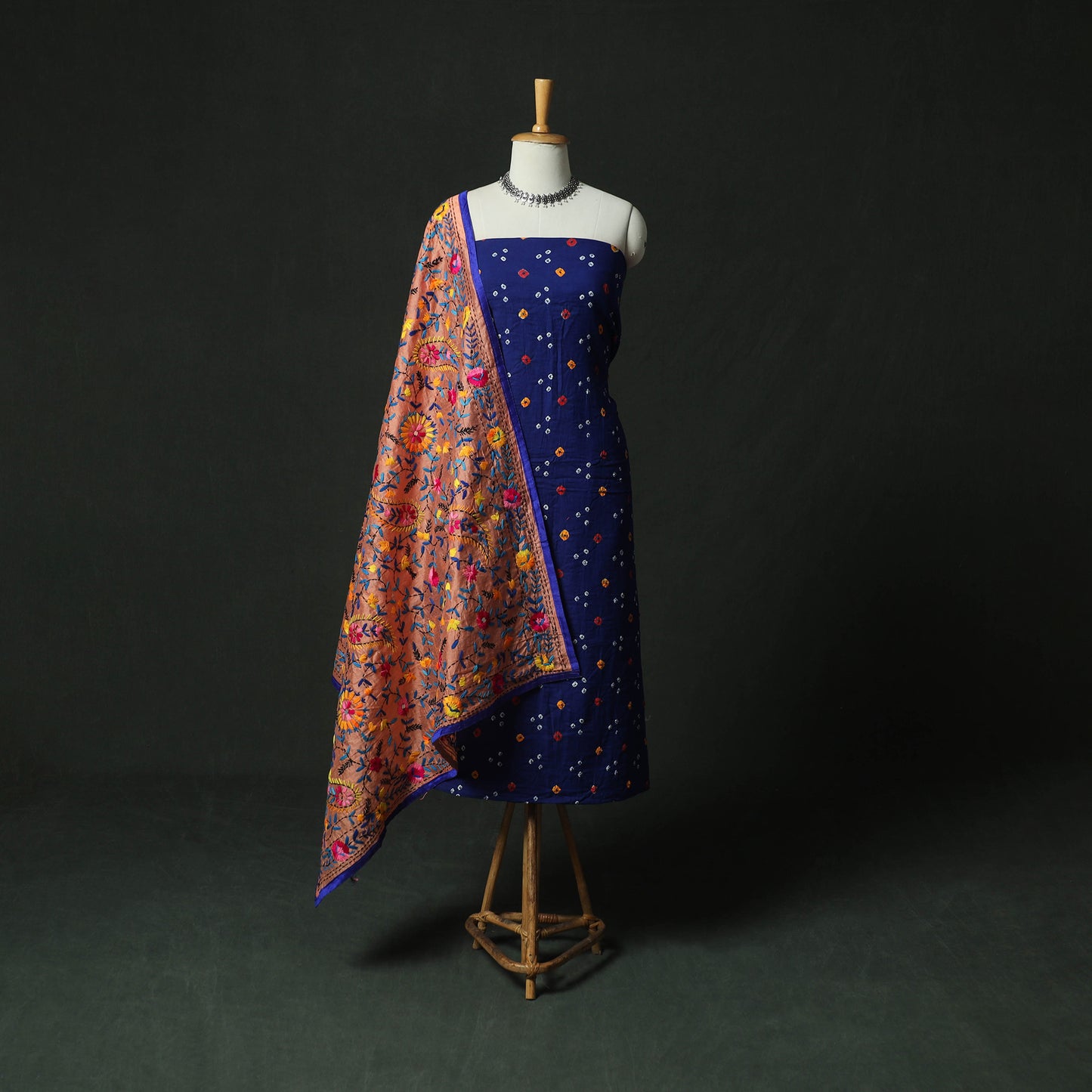 Blue - Kutch Bandhani Tie-Dye Cotton 2pc Unstitched Dress Material Kurta Set with Earrings 17