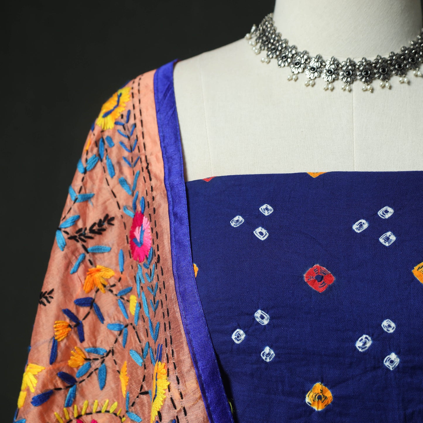 Blue - Kutch Bandhani Tie-Dye Cotton 2pc Unstitched Dress Material Kurta Set with Earrings 17