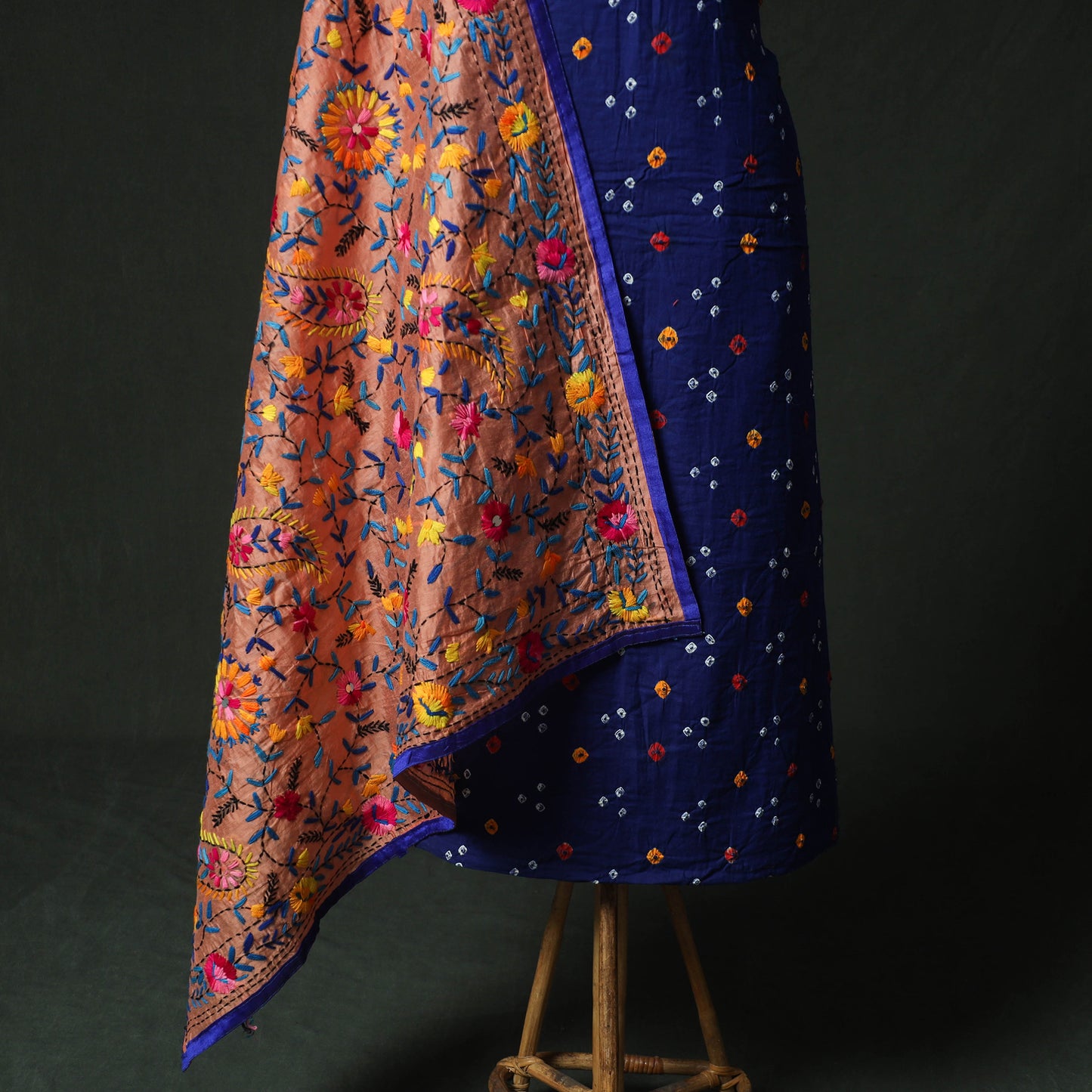 Blue - Kutch Bandhani Tie-Dye Cotton 2pc Unstitched Dress Material Kurta Set with Earrings 17