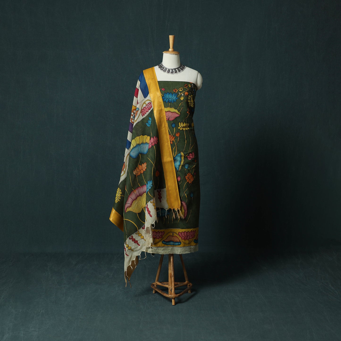 Handpainted Srikalahasti Pen Work Kalamkari Bangalore Silk 2pc Unstitched Dress Material Kurta Set 04