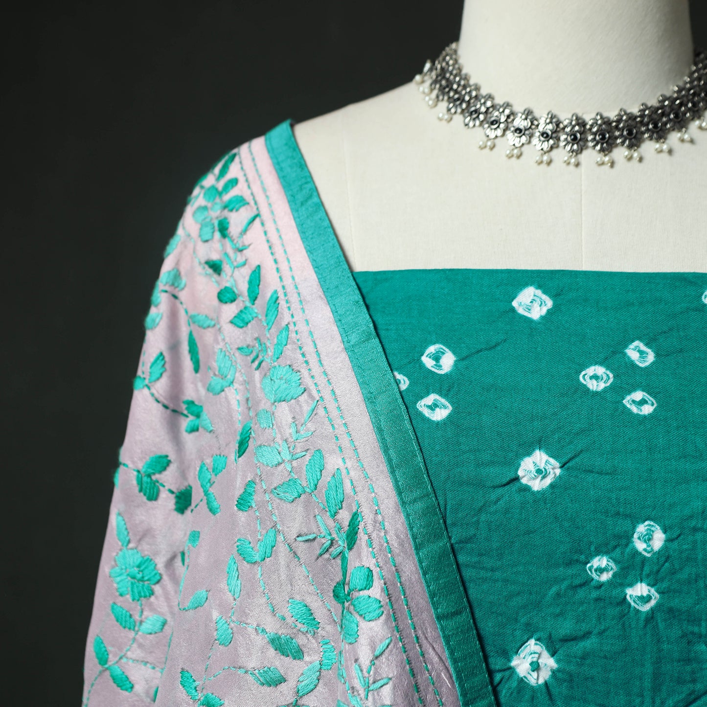Green - Kutch Bandhani Tie-Dye Cotton 2pc Unstitched Dress Material Kurta Set with Earrings 18