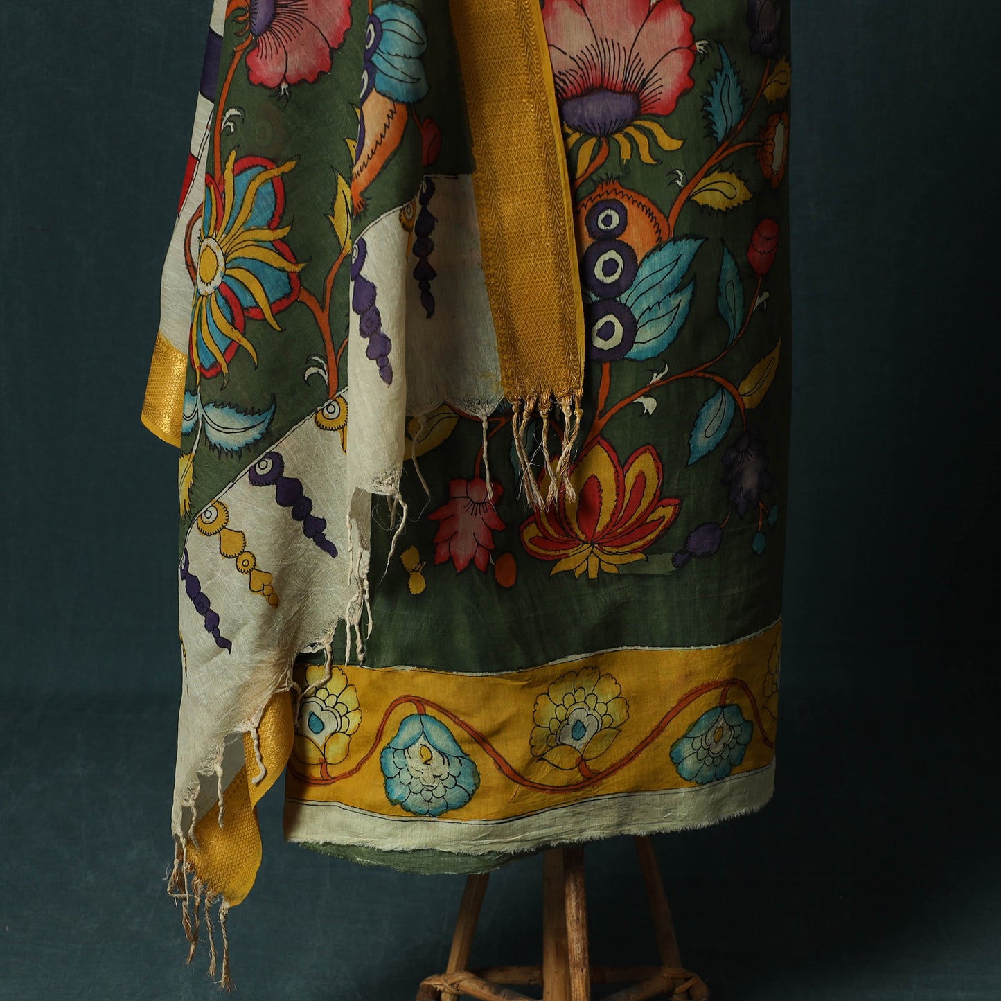 Handpainted Srikalahasti Pen Work Kalamkari Bangalore Silk 2pc Unstitched Dress Material Kurta Set 05