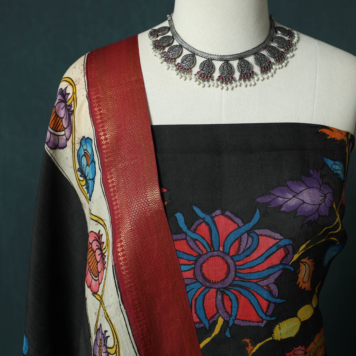 Handpainted Srikalahasti Pen Work Kalamkari Bangalore Silk 2pc Unstitched Dress Material Kurta Set 06