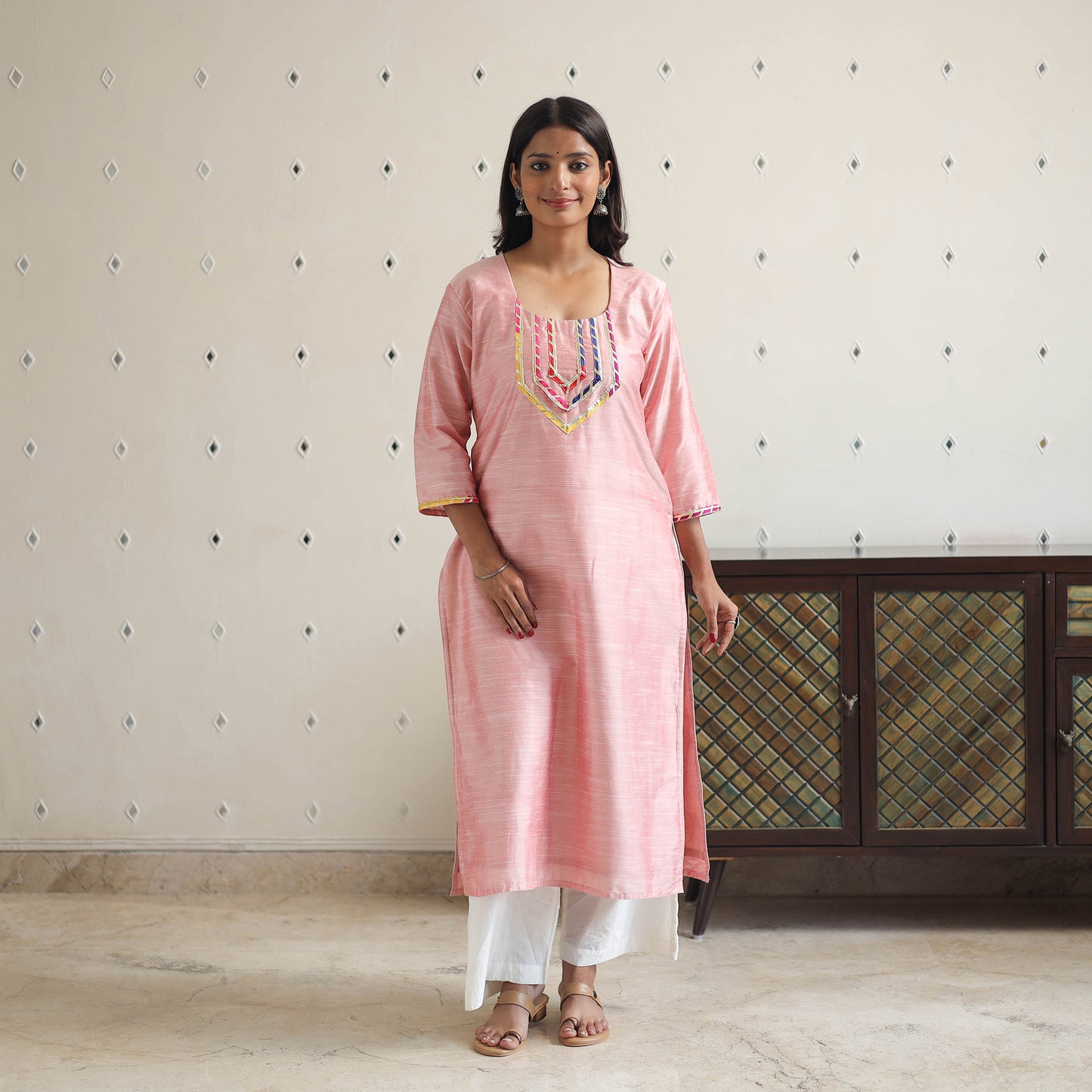 Pink - Zubiya Peach Gota Work Slub Silk Plain Kurta