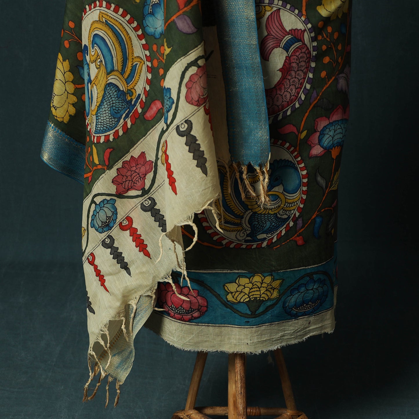 Handpainted Srikalahasti Pen Work Kalamkari Bangalore Silk 2pc Unstitched Dress Material Kurta Set 07
