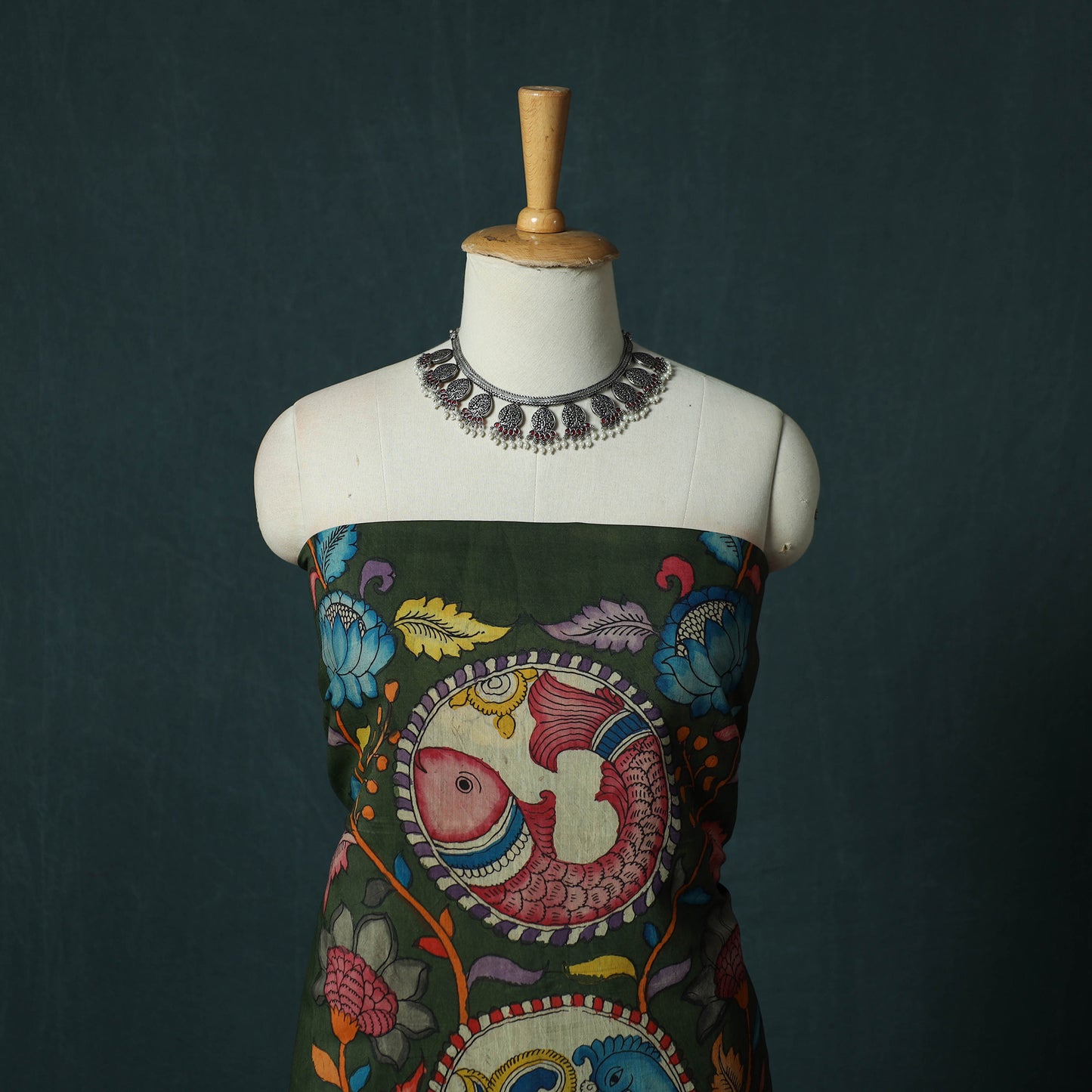 Handpainted Srikalahasti Pen Work Kalamkari Bangalore Silk 2pc Unstitched Dress Material Kurta Set 07