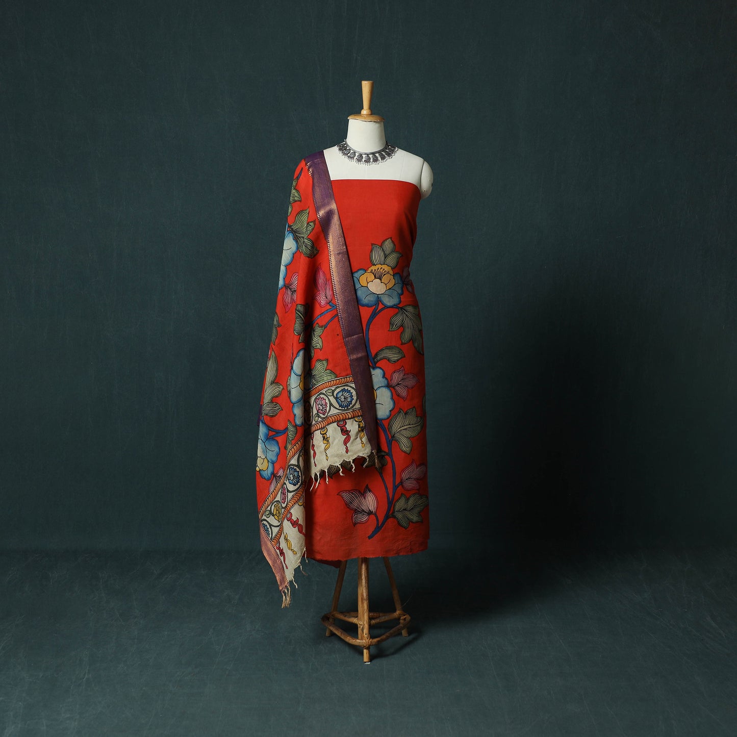 Handpainted Srikalahasti Pen Work Kalamkari Bangalore Silk 2pc Unstitched Dress Material Kurta Set 08