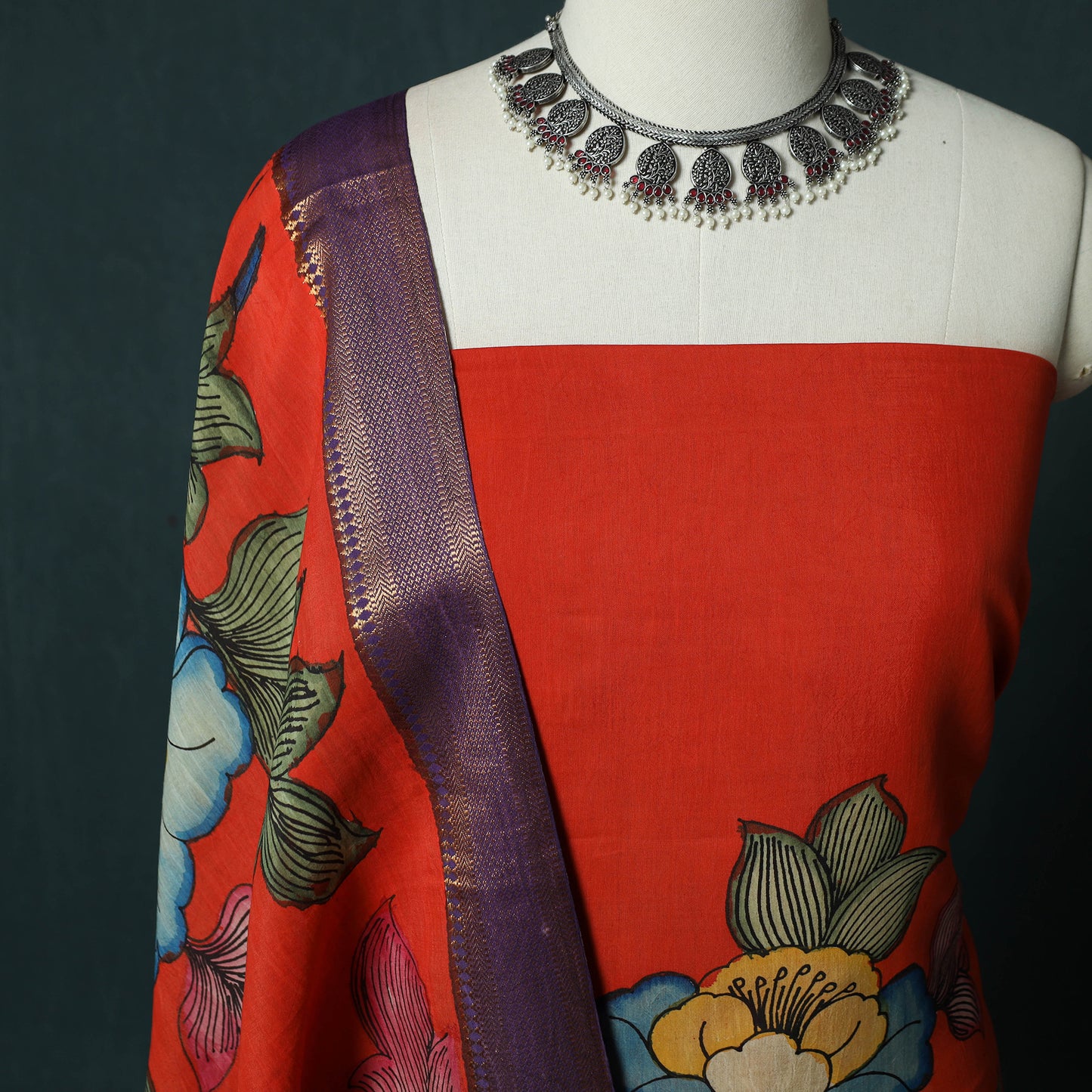 Handpainted Srikalahasti Pen Work Kalamkari Bangalore Silk 2pc Unstitched Dress Material Kurta Set 08