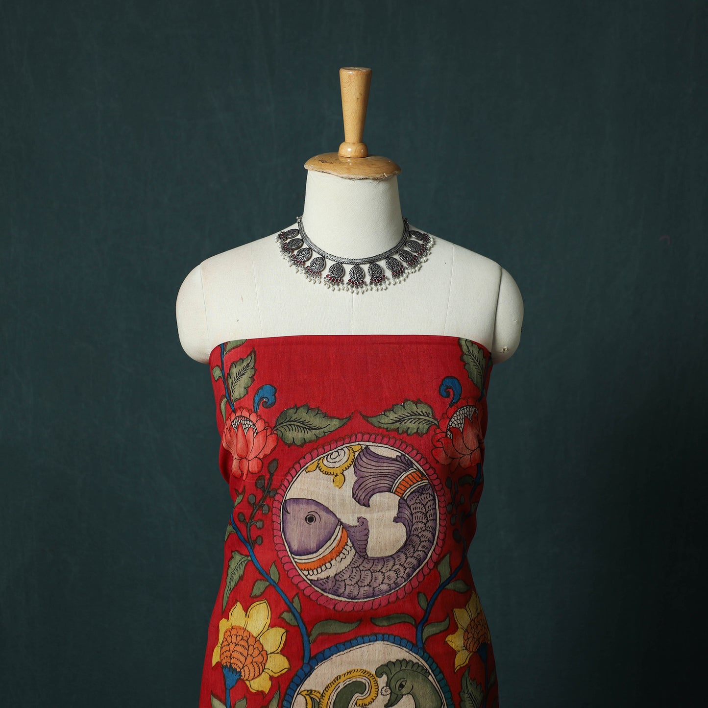 Handpainted Srikalahasti Pen Work Kalamkari Bangalore Silk 2pc Unstitched Dress Material Kurta Set 09
