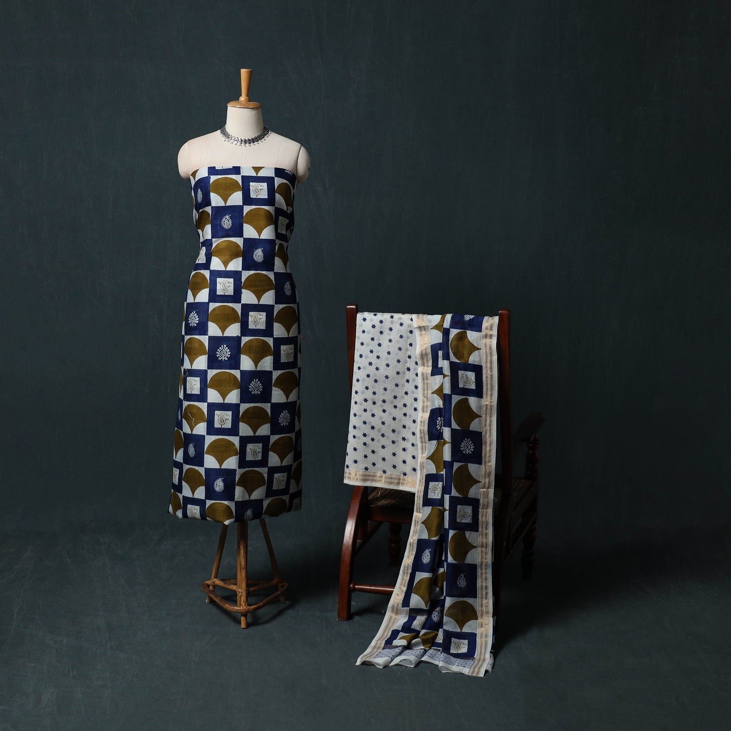 Bagh Hand Block Print Maheshwari Silk 3pc Unstitched Dress Material Suit Set 44