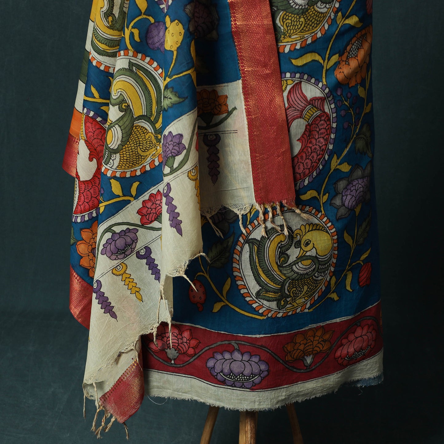 Handpainted Srikalahasti Pen Work Kalamkari Bangalore Silk 2pc Unstitched Dress Material Kurta Set 11