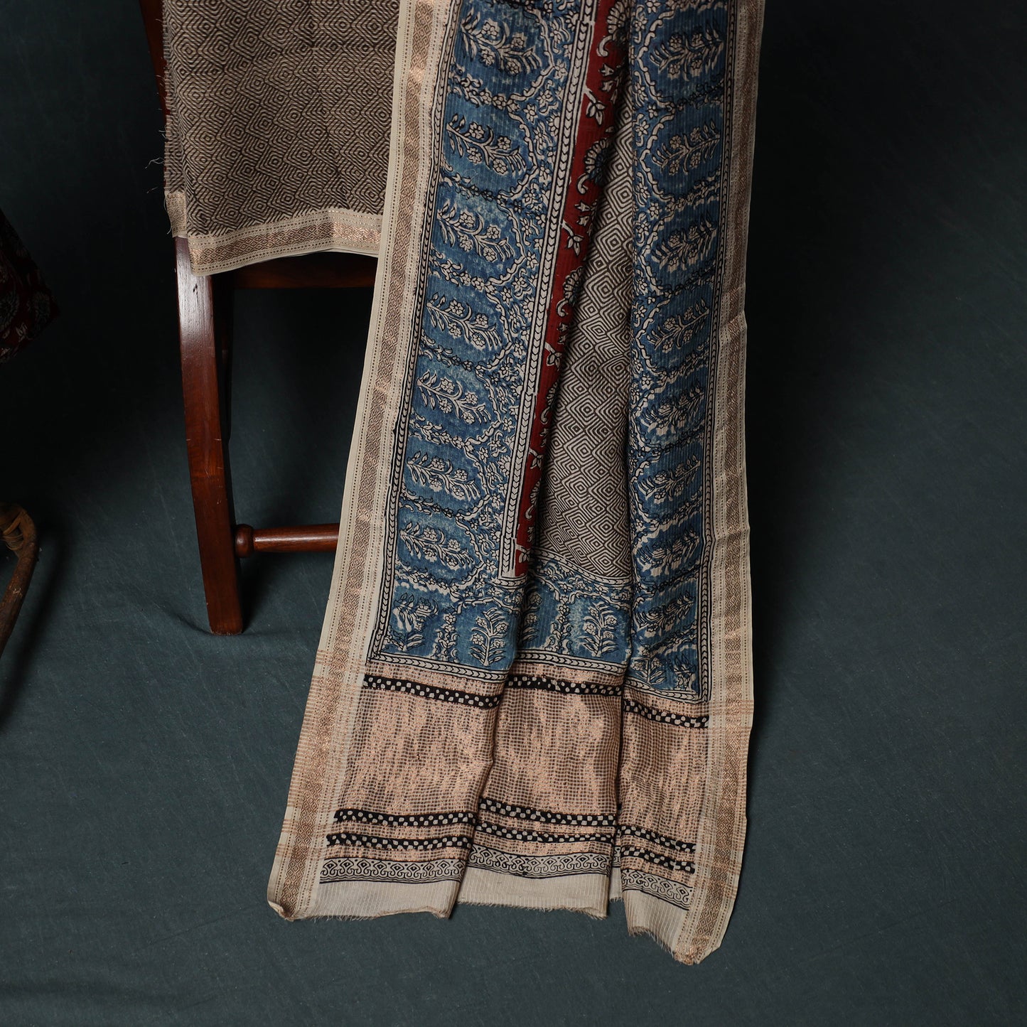 Indigo Bagh Hand Block Print Maheshwari Silk 3pc Unstitched Dress Material Suit Set 46